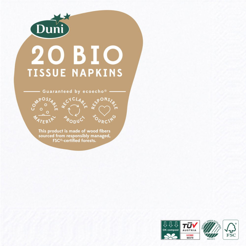 Serviette en tissu Bio 3 plis blanc 24 x 24 cm 20 pièces DUNI