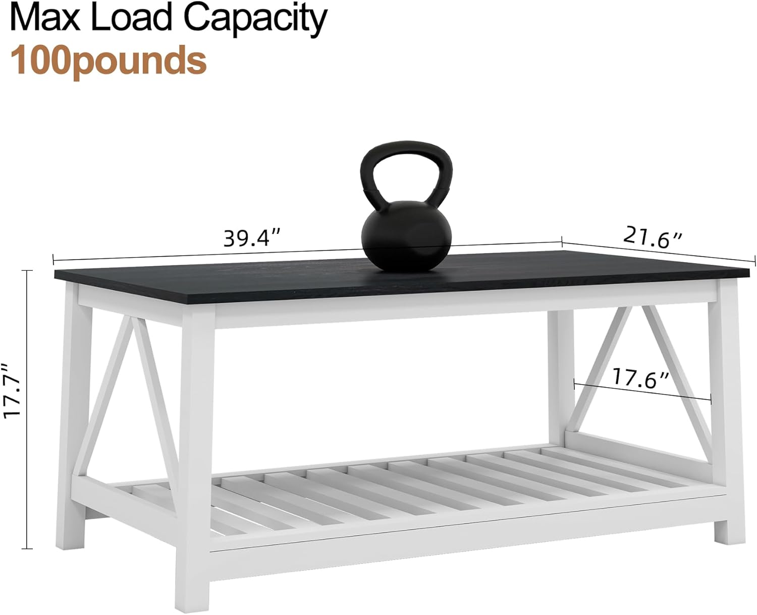 Farmhouse Coffee Table, Black and White Coffee Table for Living Room, 2-Tier Rectangular Wooden Centre Cocktail Table with Slats Shelf Storage and V-Shaped Frame Modern Coffee Tables Oak Black