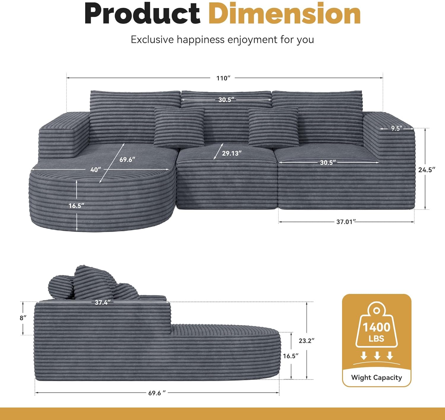 110”Sectional Couches for Living Room,Modular l Shaped Cloud Couch,Boneless Comfy,Modern Sofa with Chaise,Deep Seat Convertible Sleeper Sofa Bed,No Assembly Required,Gray,1pcs