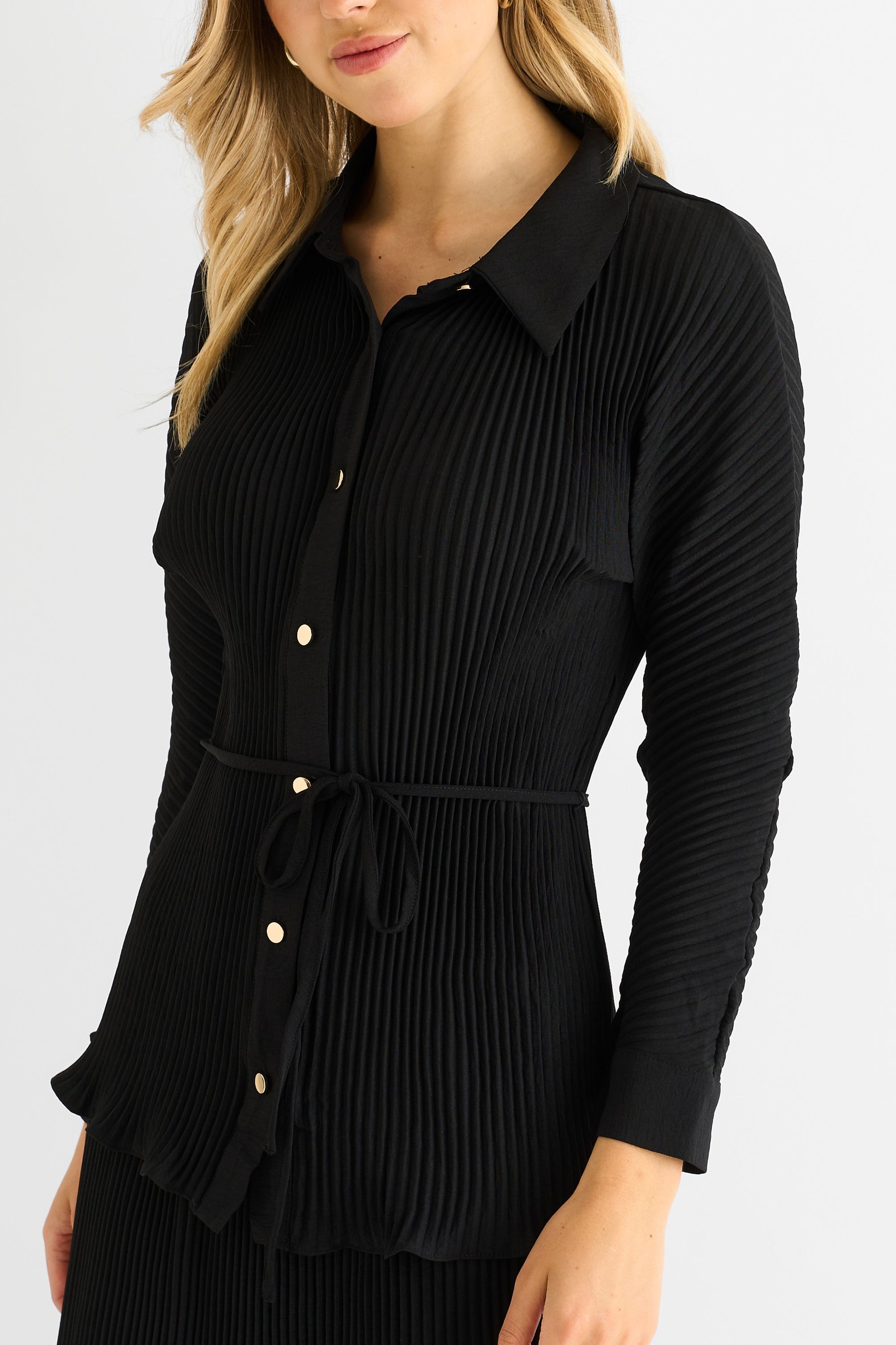 Gini London Black Plisse Button Through Shirt