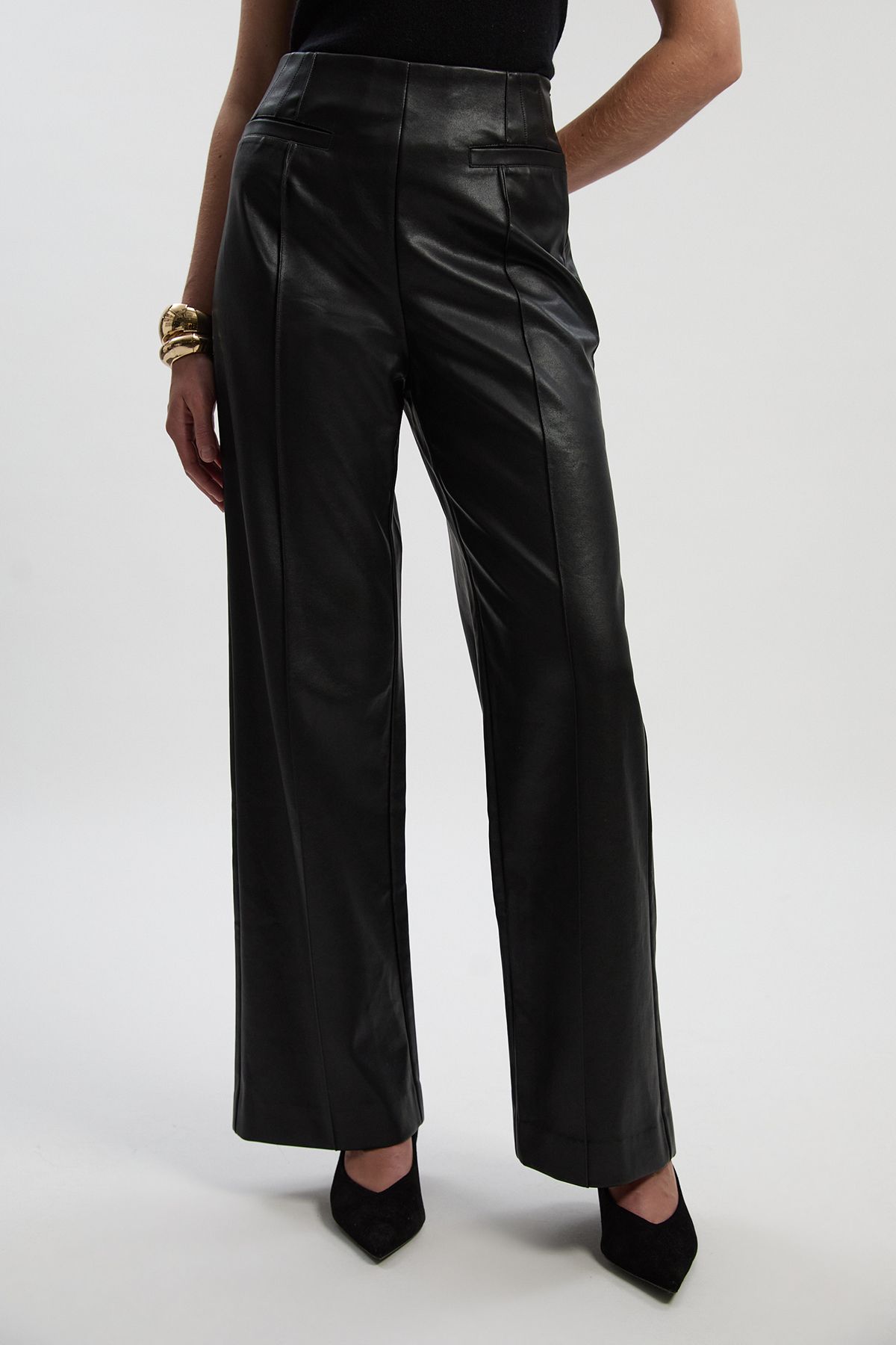 KarenMillen Faux Leather Seam Detail Wide Leg Tailored Trouser