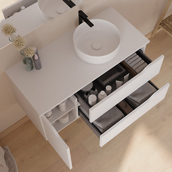 Meuble de salle de bain 100cm avec plateau et vasque à poser à droite Ares - sans miroir - 2 tiroirs et 1 placard - blanc - ZARZA