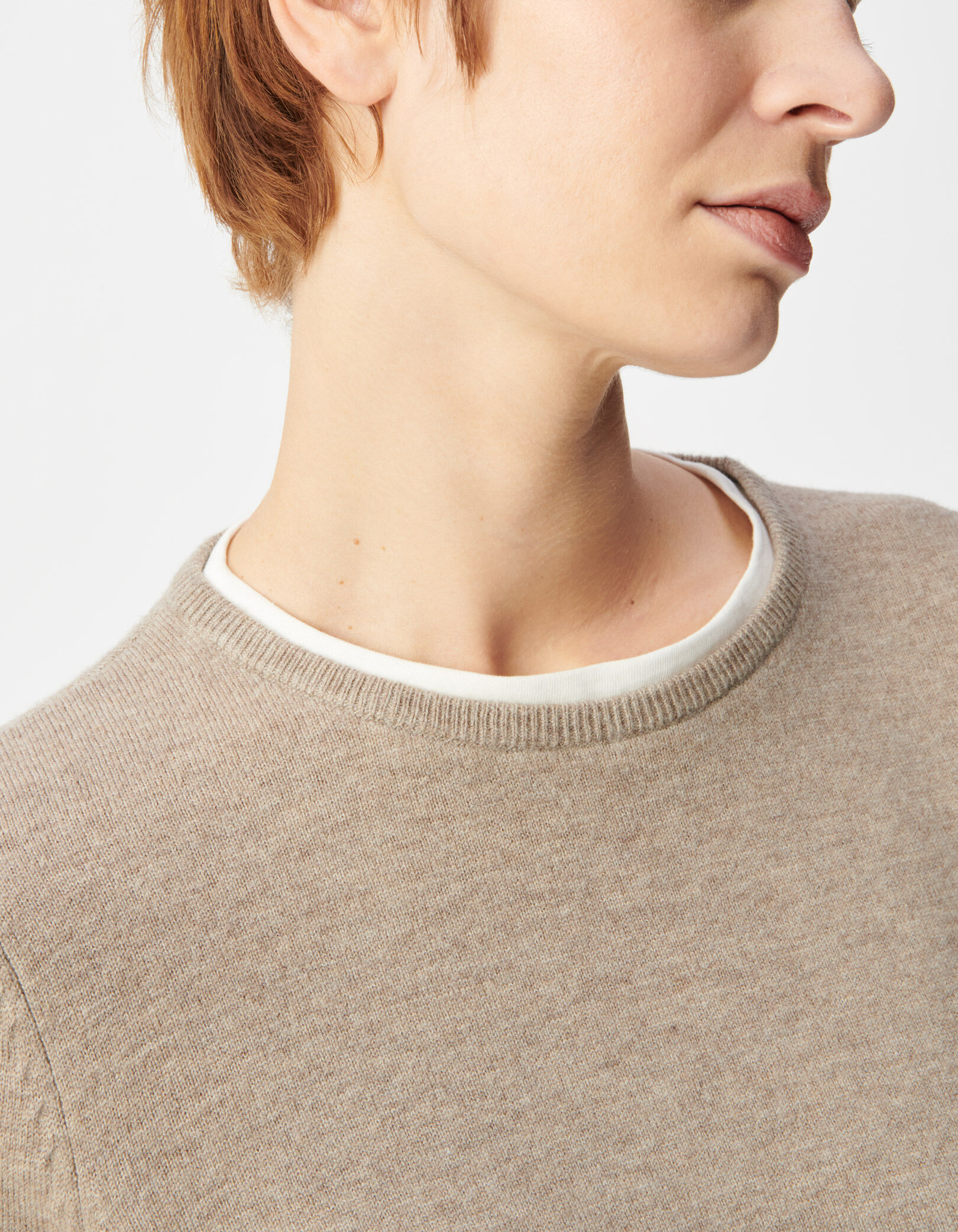 Pull laine beige tricot col trompe-l'oeil Femme