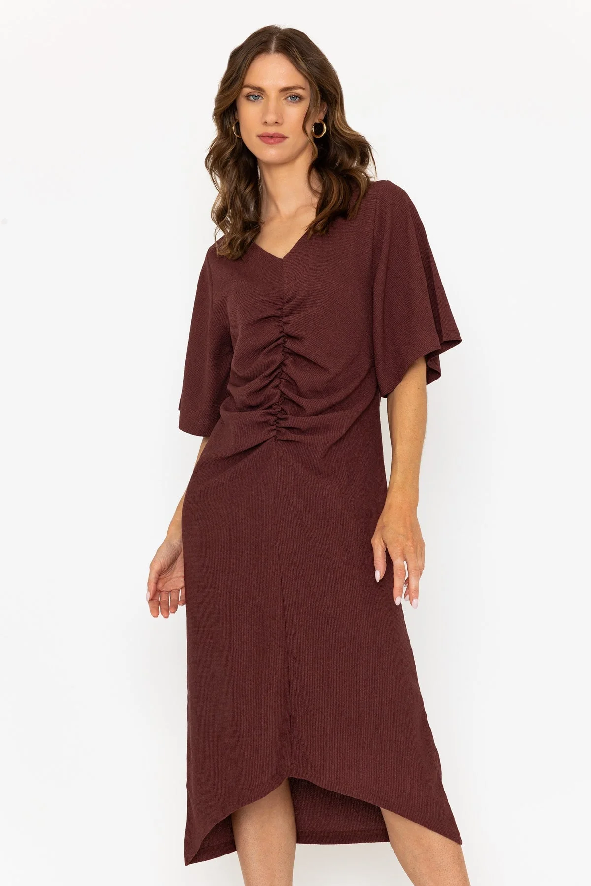 Brown Short Sleeve Ruched Midi Dress