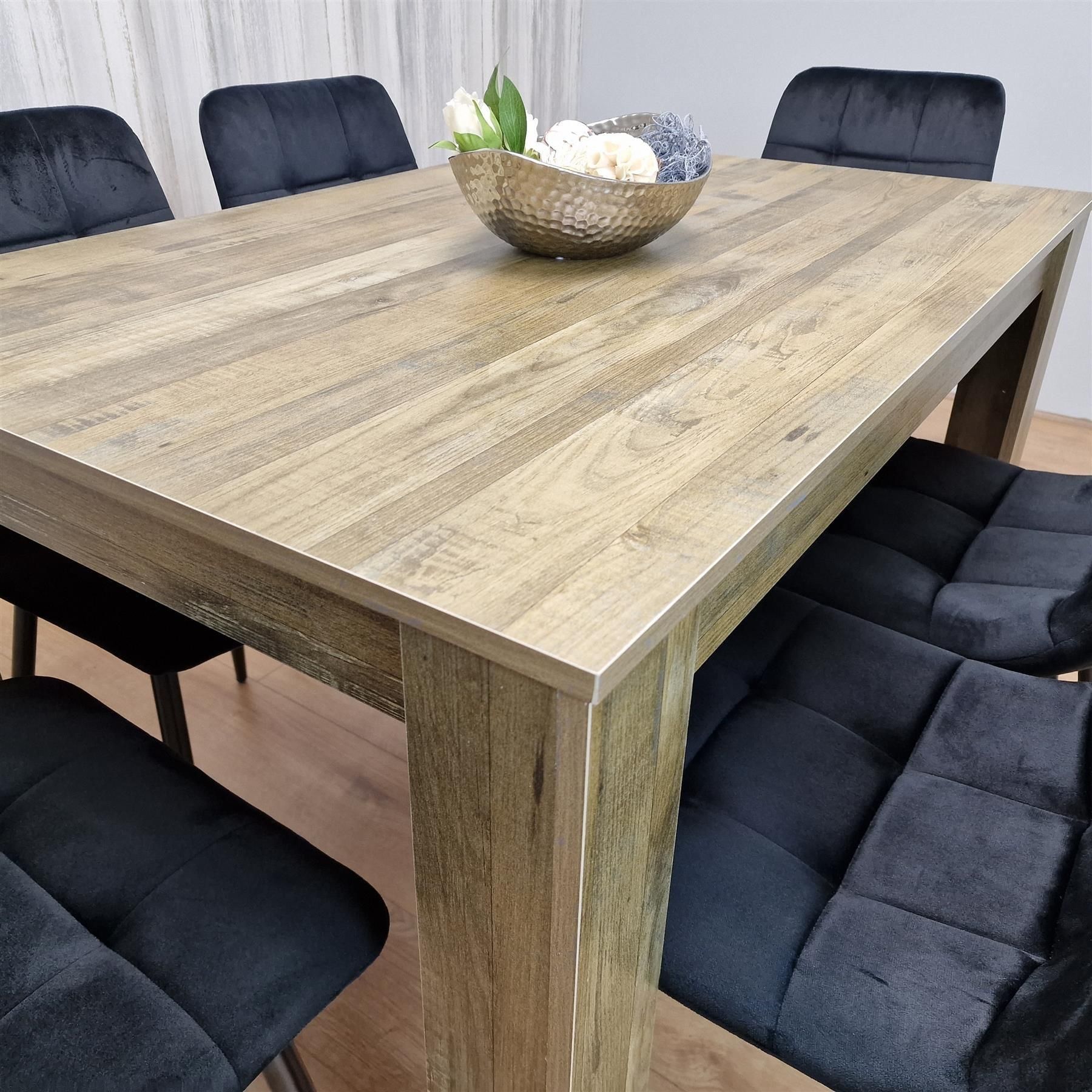 KOSY KOALA Dining Table and 6 Chairs - Rustic Effect Wood Table With 6 Black Velvet Chairs Dining Room Furniture