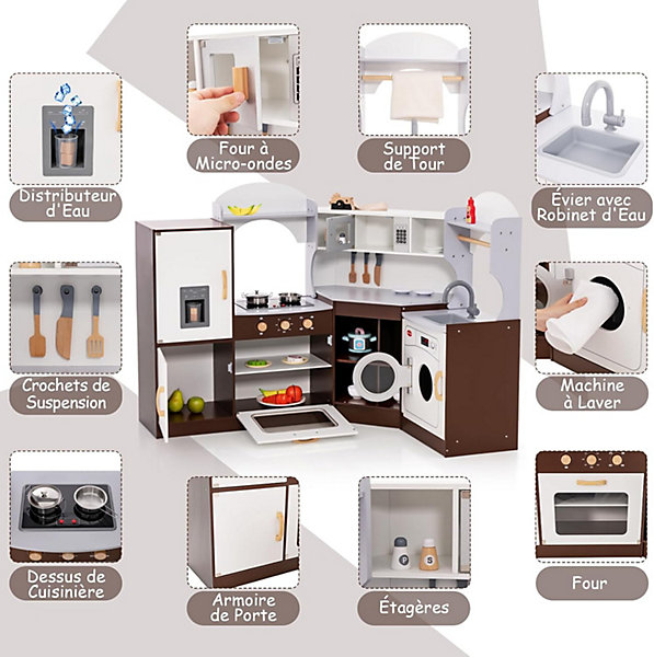 Cuisine en Bois Enfant, Cuisine d'angle avec Machine à Glaçons, Micro-Ondes, Cuisinière, Four, Jouet de Cuisine