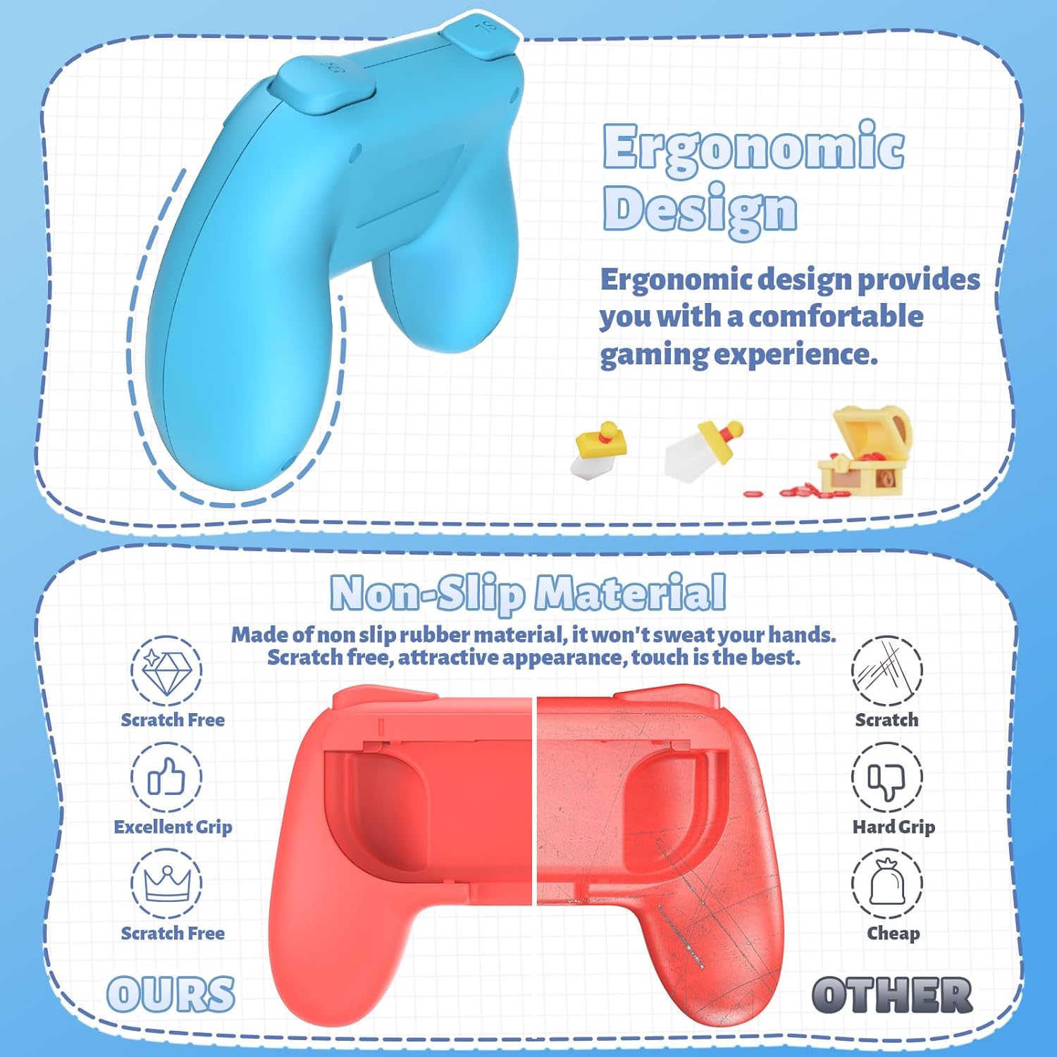 FASTSNAIL Grips Compatible with Nintendo Switch for Joy Con & OLED Model for Joycon, Wear-Resistant Handle Kit and Non-Slip Thumb Grips for Switch Joycon 1 for 3DS & 2DS Accessory Kits (Blue and Red)