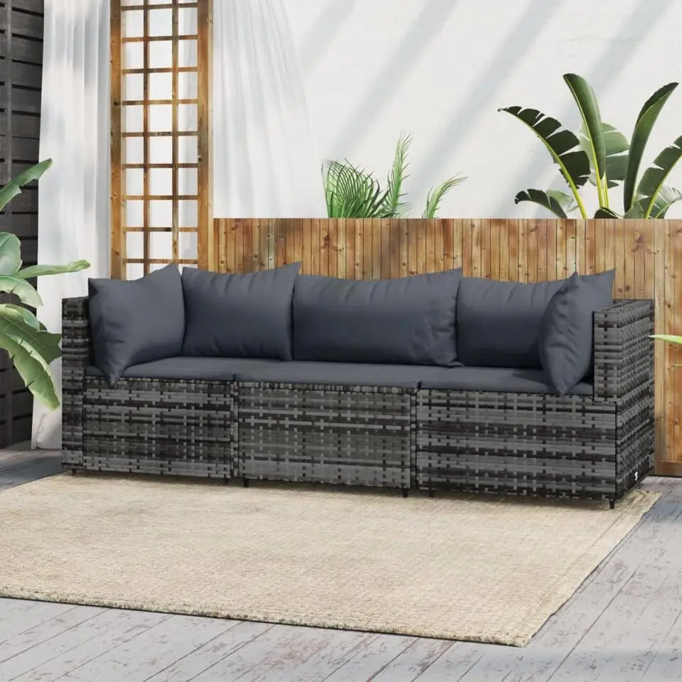 vidaXL - Loungeset - Grijs - Poly rattan - 3 stuks - Met kussens