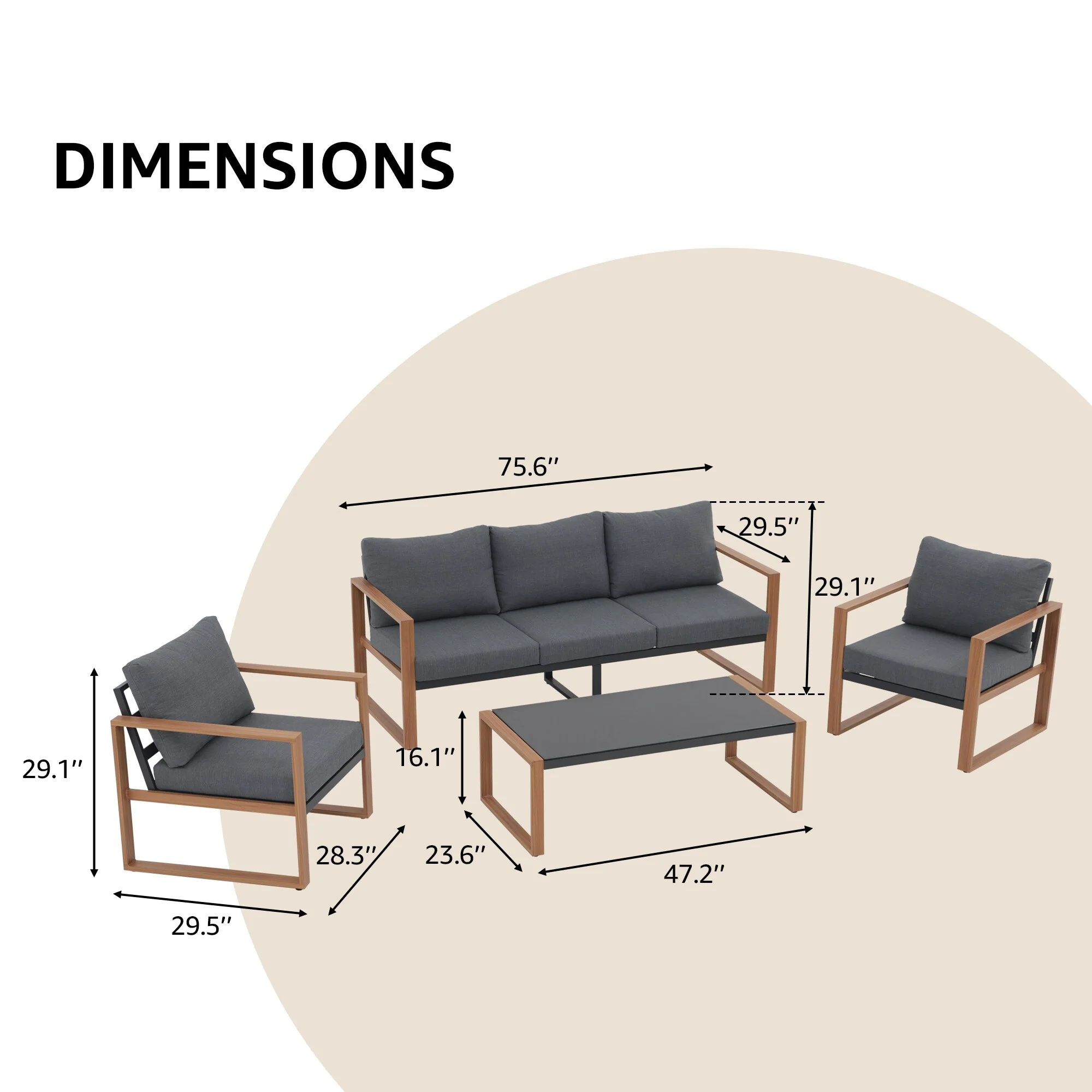 4-Piece 5 Person Patio Aluminum Grey Conversation Set With Cushions and Tempered Glass Table