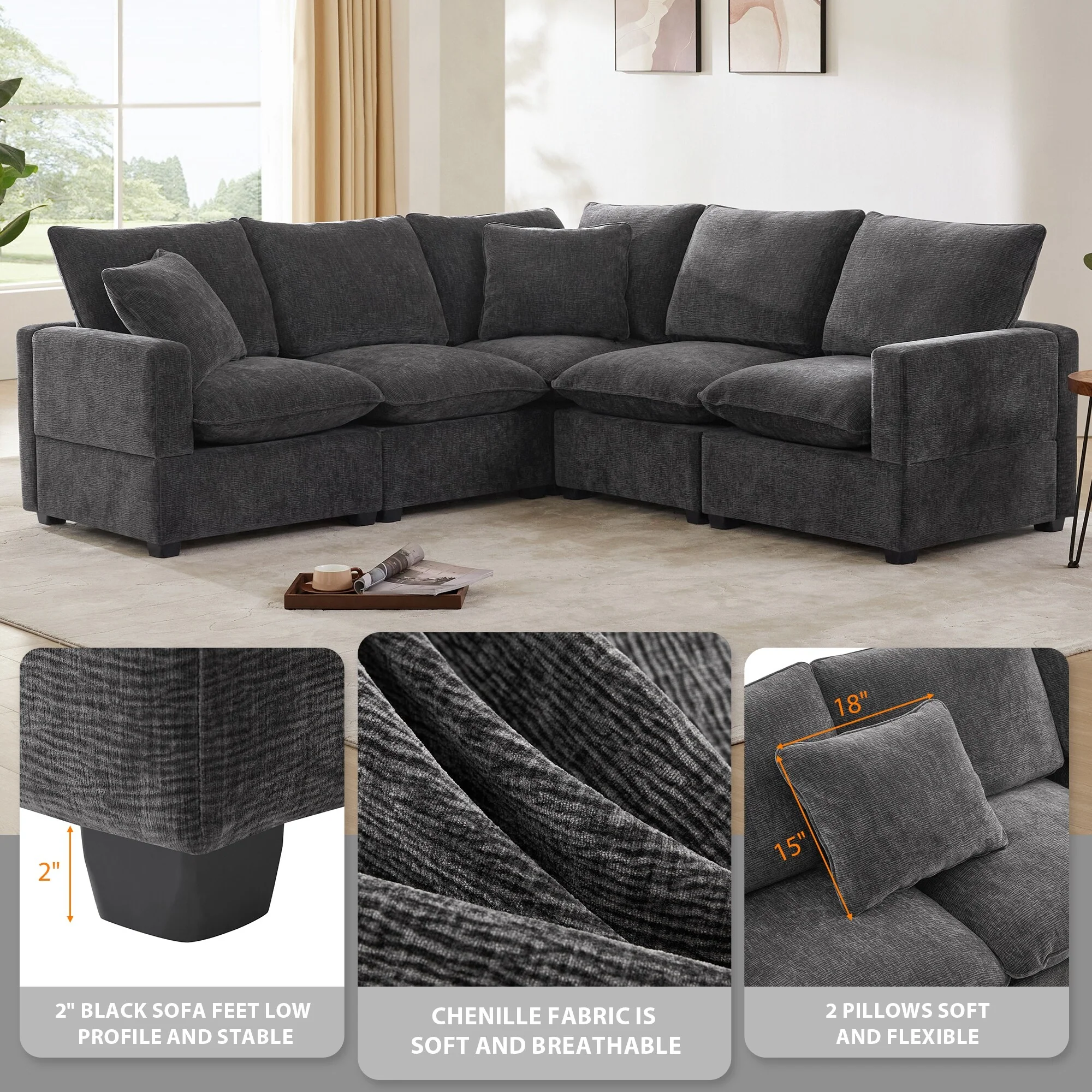 86 Chenille L-Shaped Modular Sofa with 2 Pillows, 5-Seater, 330lb Capacity
