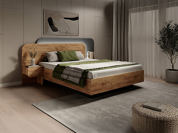 Lit avec chevets 160 x 200 cm - Avec LEDs - Coloris : Naturel et anthracite   Sommier   Matelas - DESADO