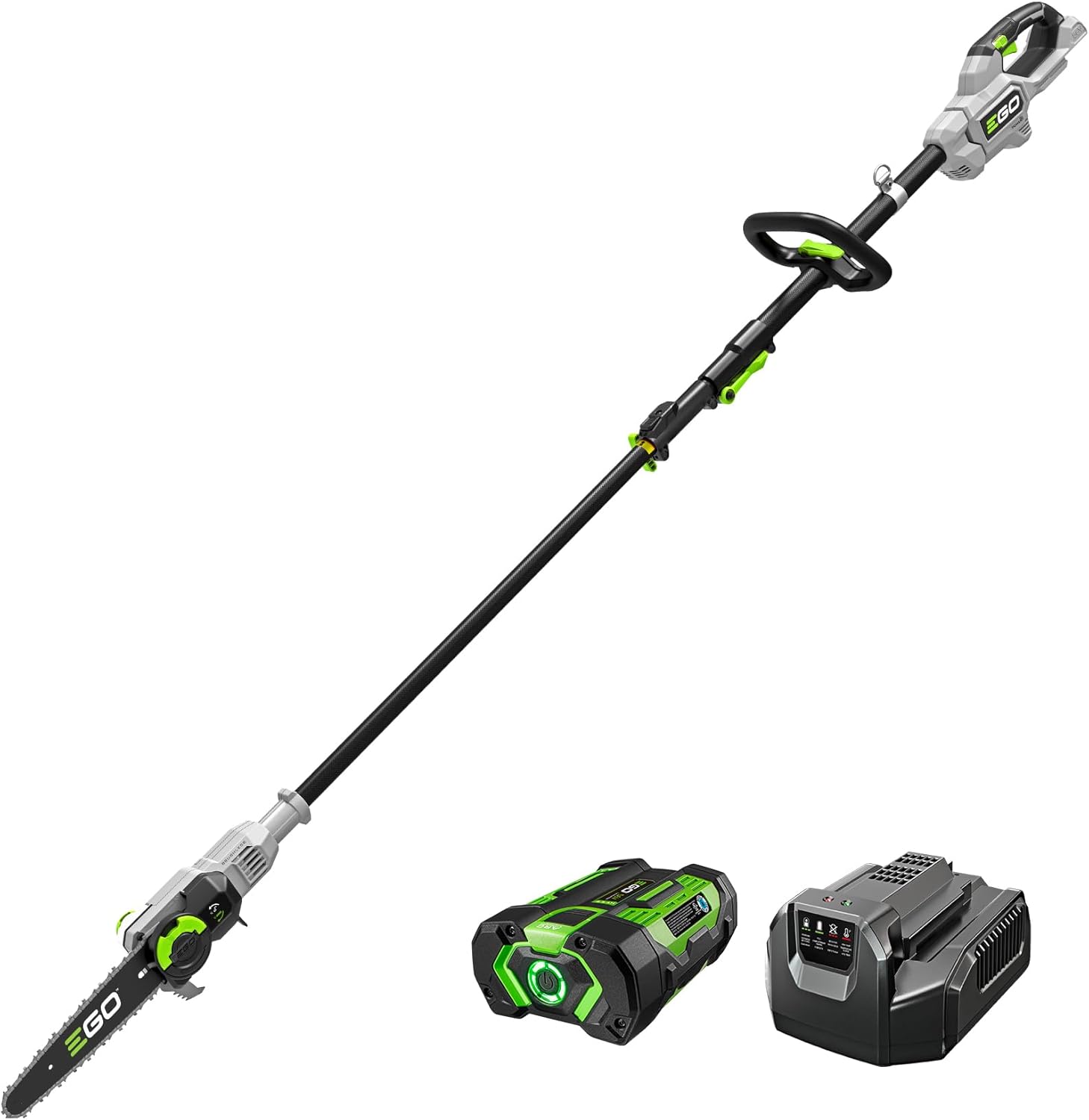 EGO Power+ Pole Saw  Cordless Electric Pole Saw for Tree Trimming with Telescopic LED Cut Line Indicator  Includes 56V 2.5Ah Battery and Charger - PS1001