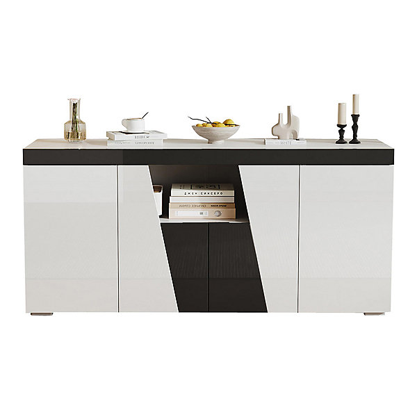 Commode salon 140x40x65 cm, 3 armoires/4 portes, LED, design angulaire, noir/blanc