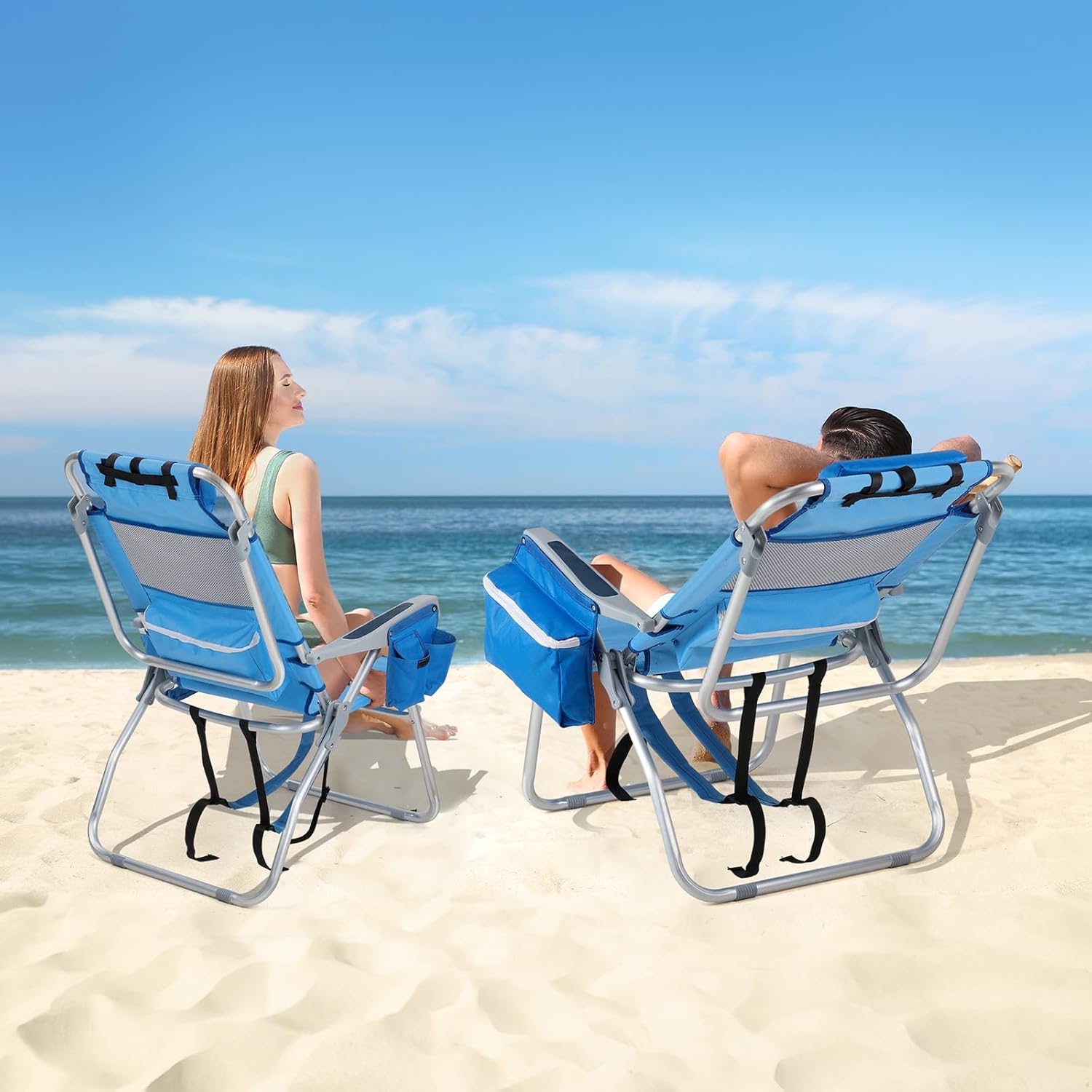VINGLI Tall Beach Chair 2 Pack Lightweight, Backpack Beach Chair for Adults with 5-Position, Cooler Bag, Cup Holders, Towel Bar, Folding Beach Camping Chairs（16“-Blue）