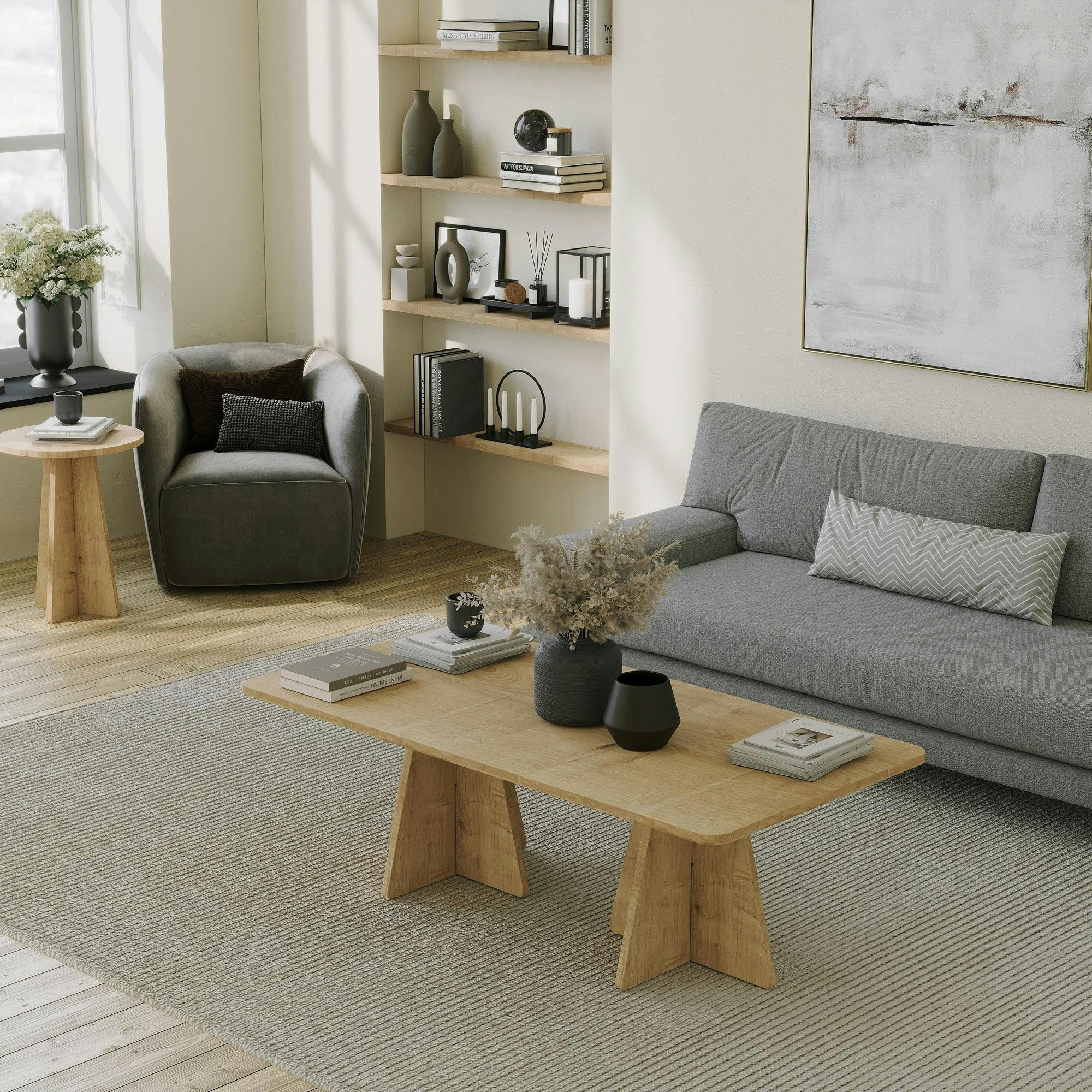 Table basse design effet chêne avec pieds trapèze MARFA