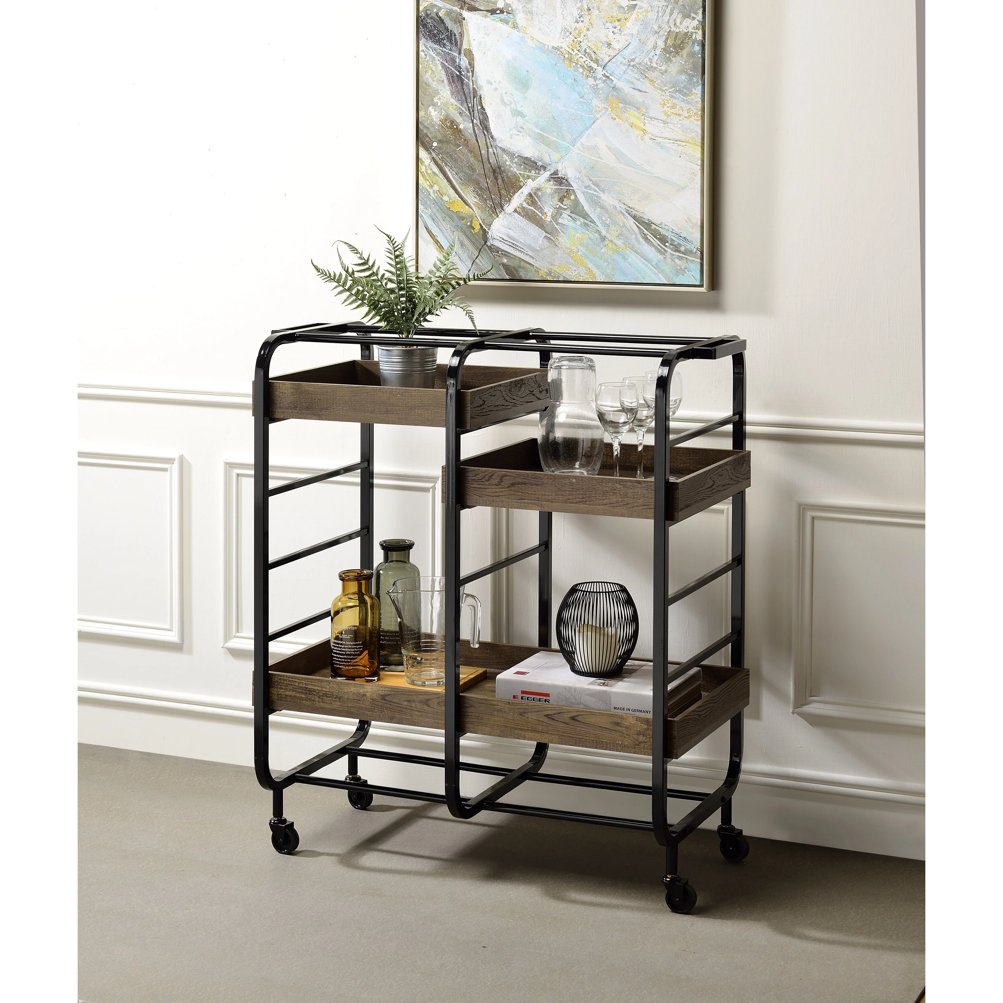 Vorrik Black & Walnut Finish Serving Cart(no include stool)