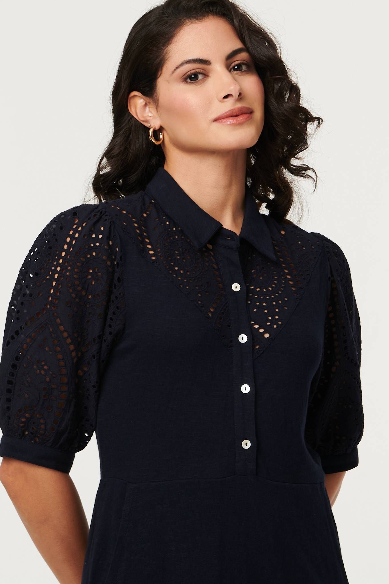 Izabel London Embroidered Texture Midi Shirt Dress