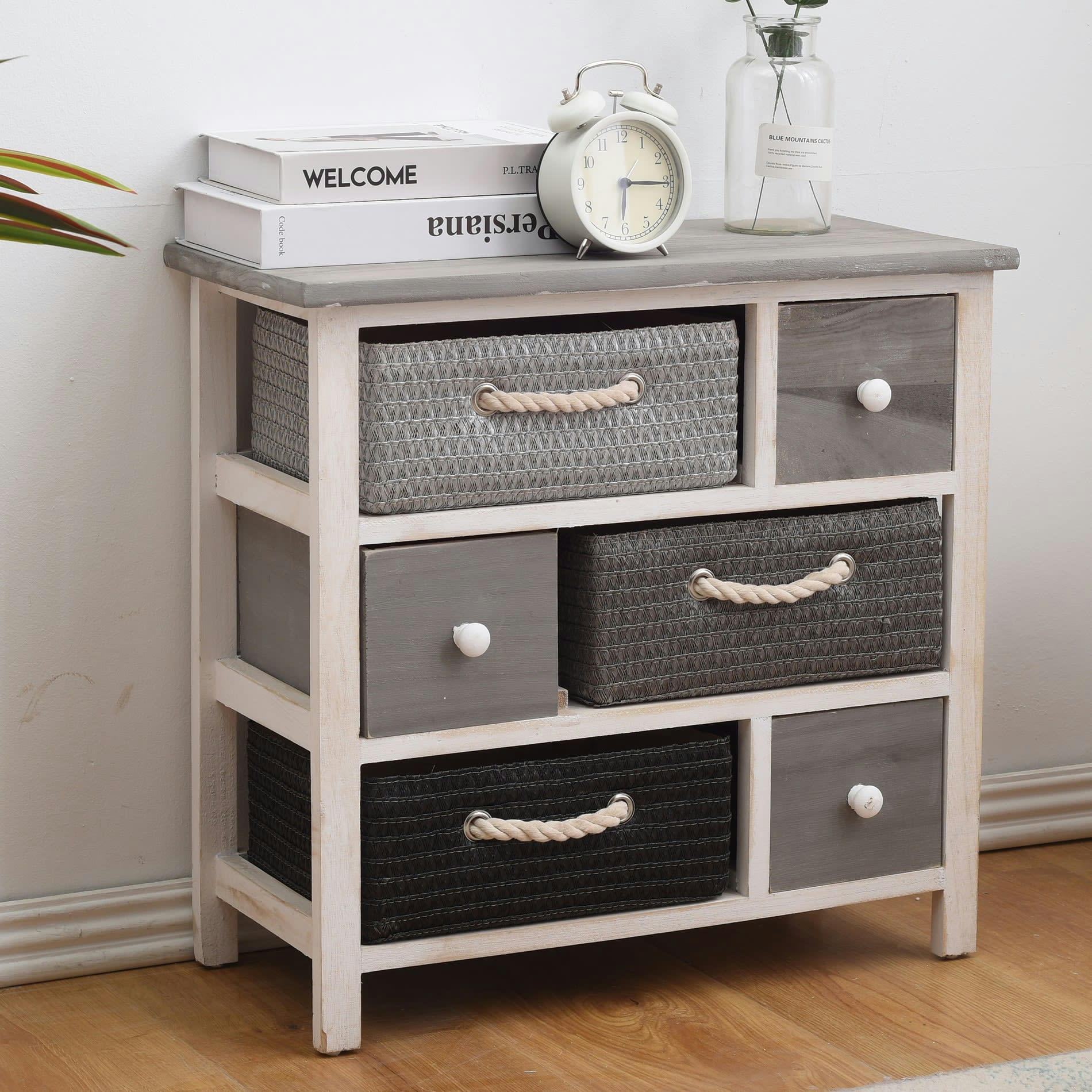 - Chiffonier à 6 tiroirs en bois et tissu blanc et gris