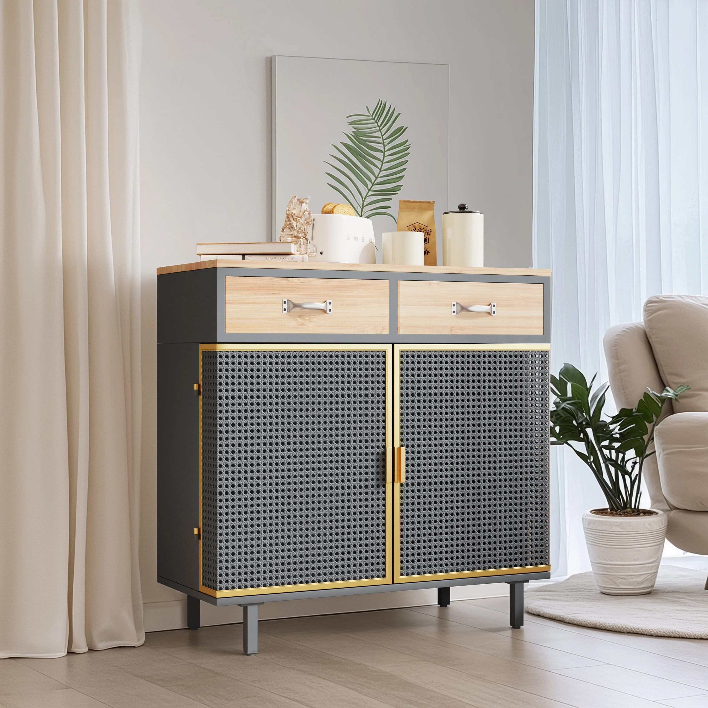 Modern 2-Door Storage Cabinet with 2 Drawers and Central Shelf for Living Room