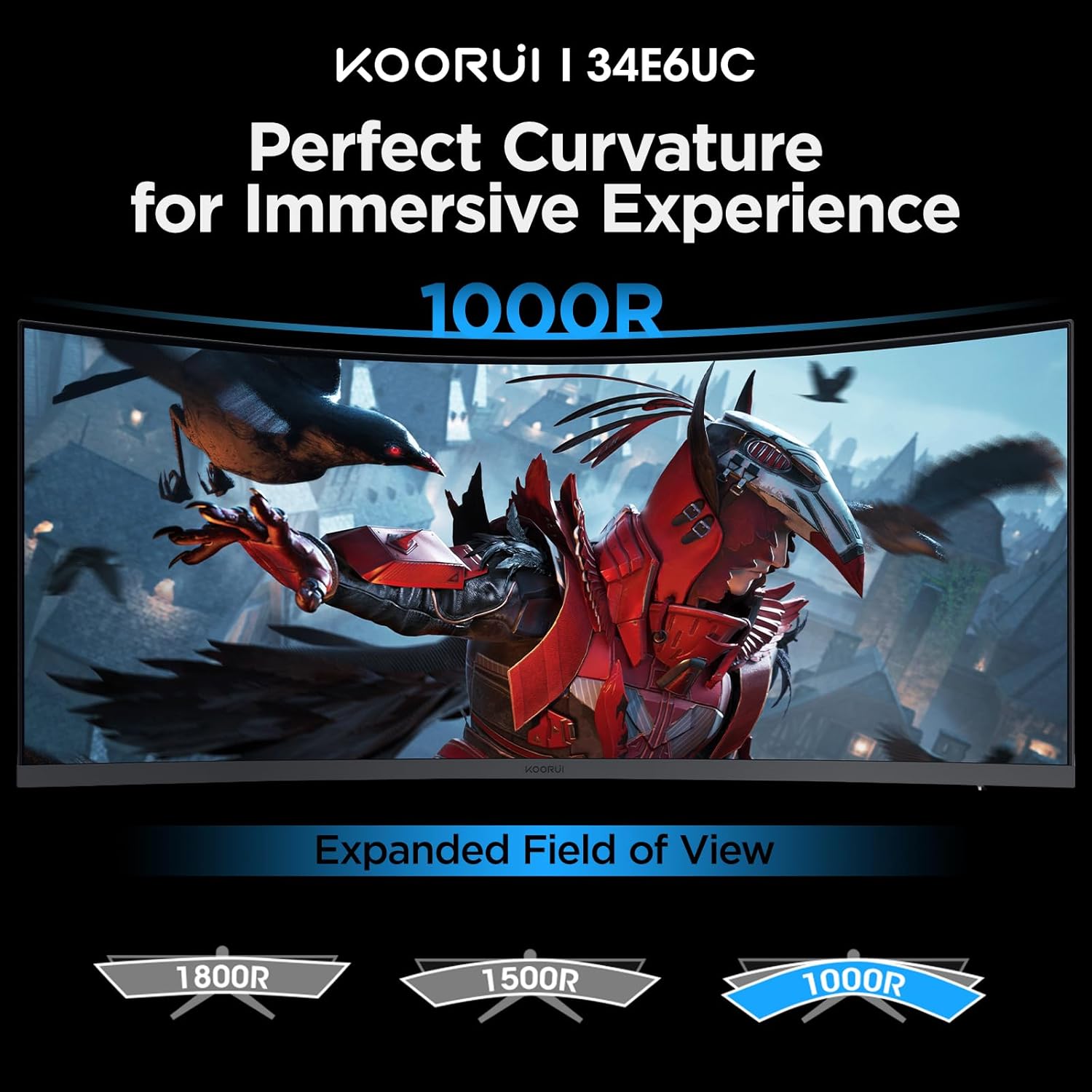 KOORUI 34-inch Ultrawide Curved WQHD 3440×1440 Gaming Monitor  165Hz 144Hz Curved 1000R- PIP/PBP  1ms(MPRT) with DisplayHDR 400  FreeSync Premium  75 * 75mm VESA  HDMI/DisplayPort  34E6UC
