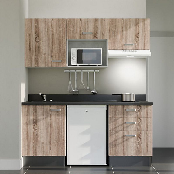 Kitchenette K20 - 180 cm - façades Bois - Plan monobloc en quartz coloris Nero évier à gauche - Electroménager Blanc