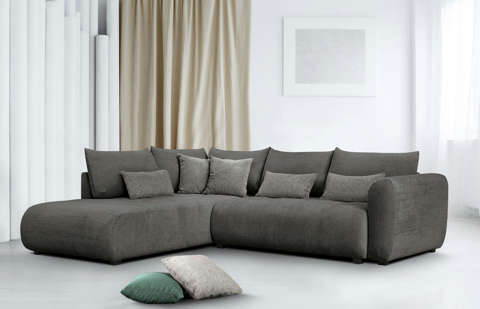 SORENO - Canapé d'angle gauche 5 places gris foncé avec le couchage