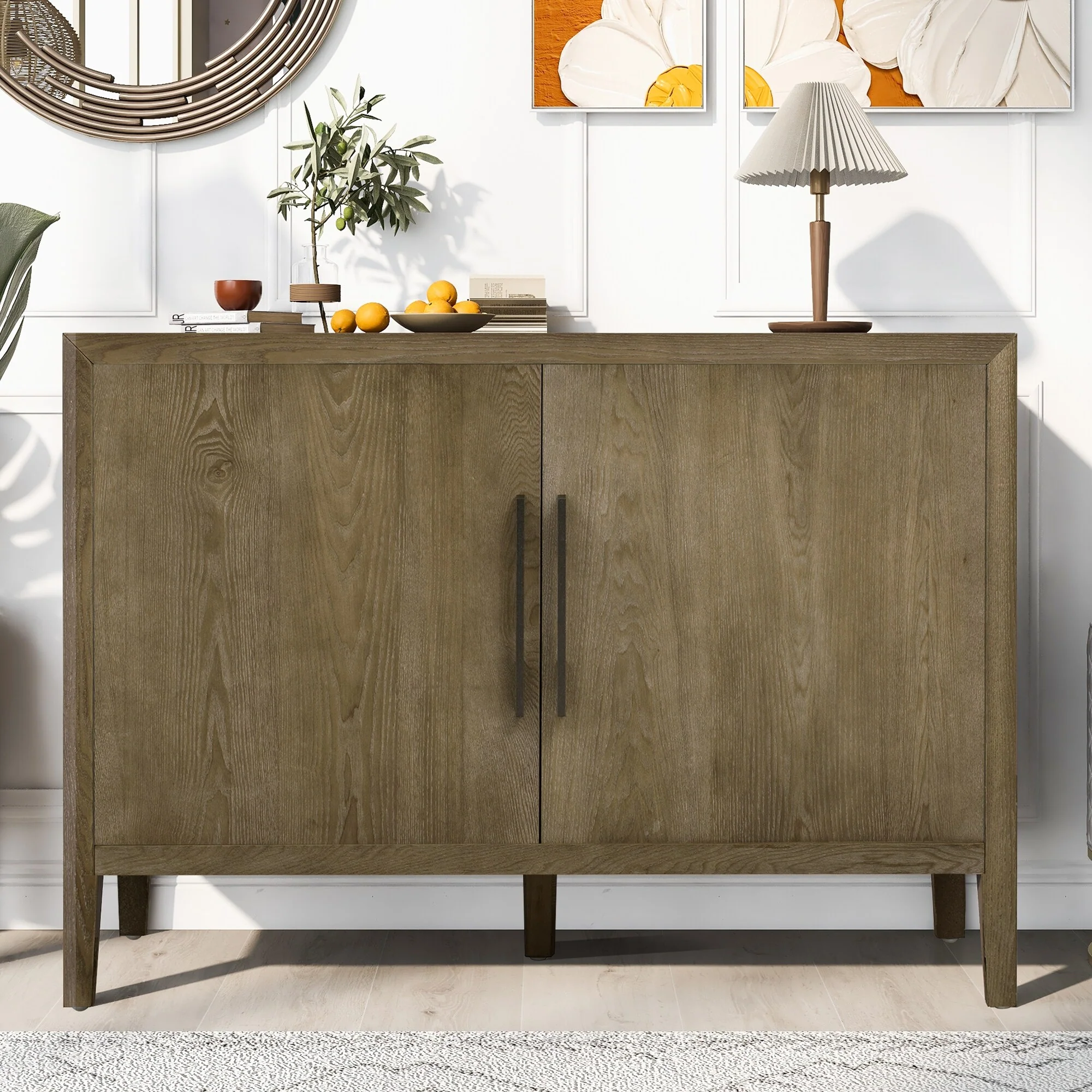 2 Door Cabinet Storage Cabinet with 2 Metal Handles & Adjustable Shelves, Wooden Entryway Cabinets Coffee Bar Cabinets