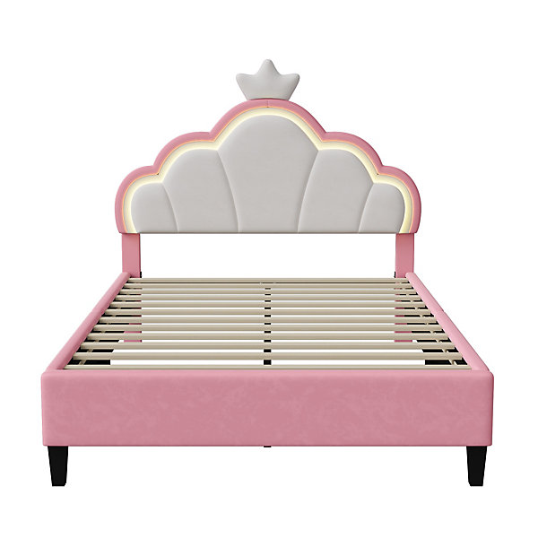 Lit Rembourré 90x200 Cm,lit De Princesse,avec Tête De Couronne Réglable Et Lumières LED,rose