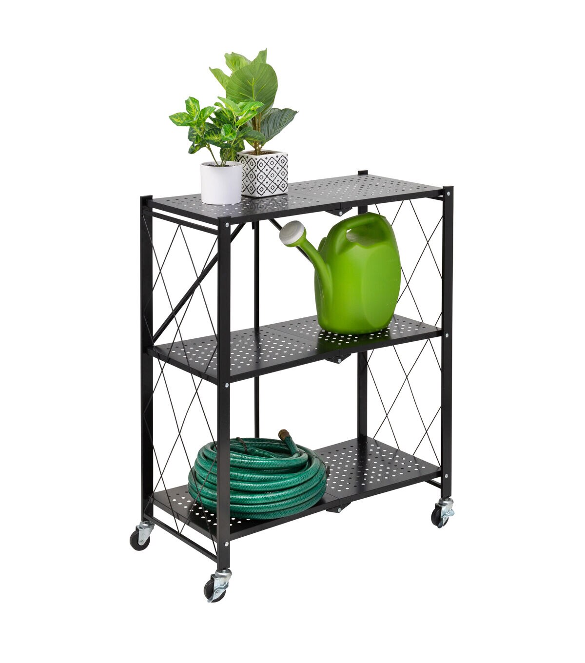 Honey Can Do 28 x 34.5 Black Folding 3 Tier Metal Rolling Shelf