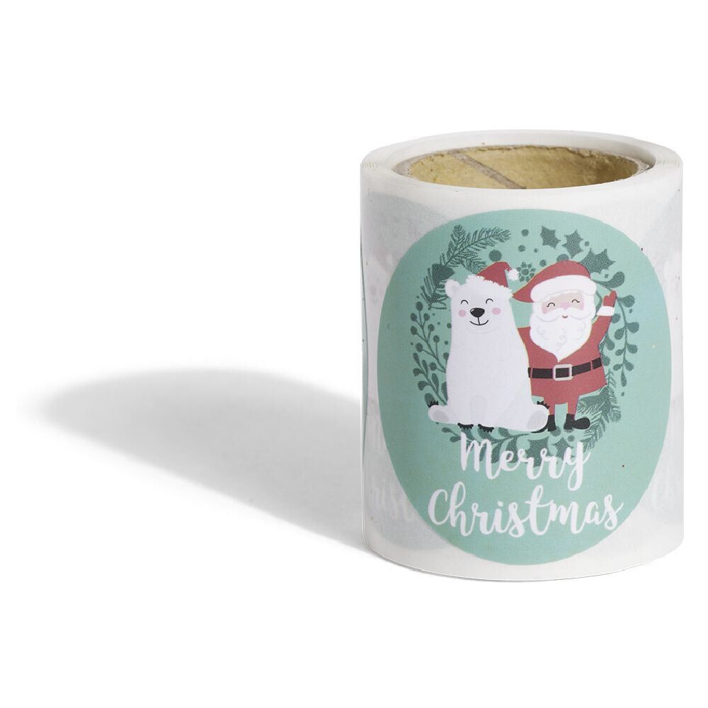 Rouleau étiquette autocollante Merry Christmas Père No&euml;l ours Ø3cm x50