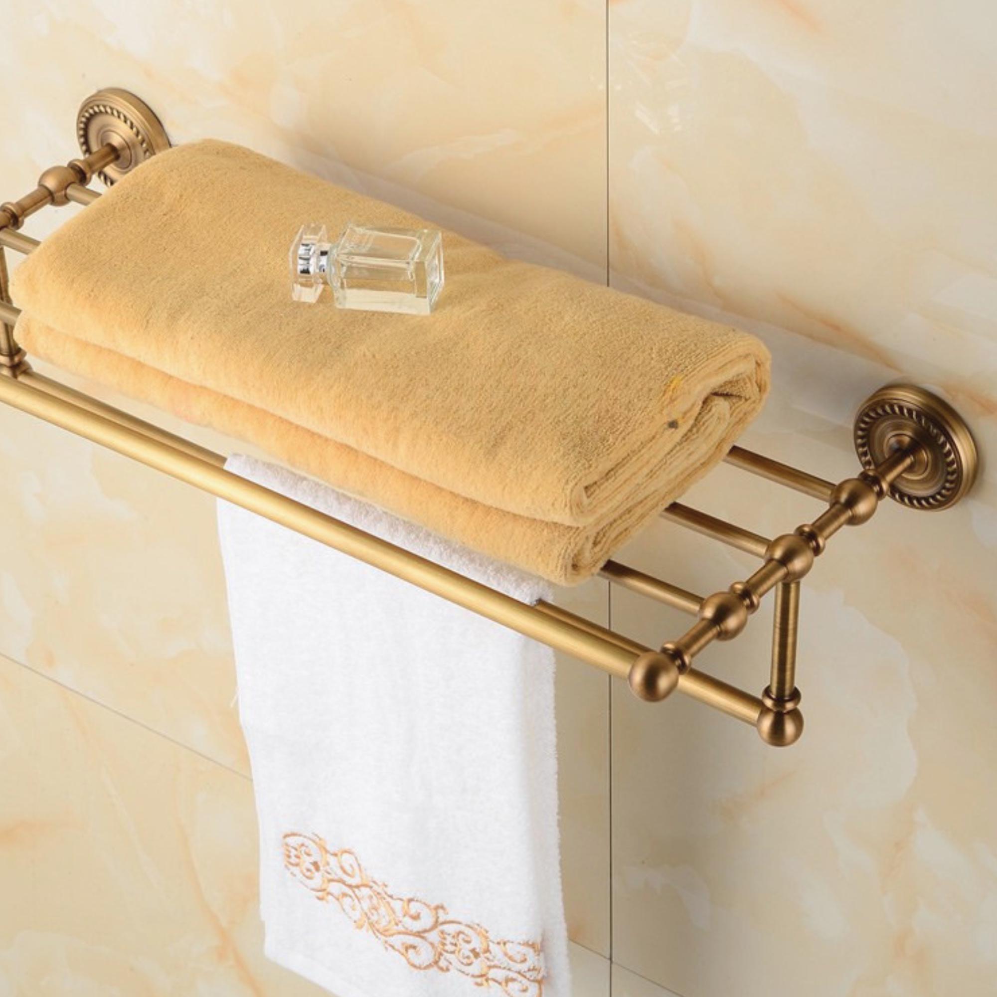 Solid Brass Towel Rack Antique Brass Bathroom Shelf Wall Mounted Towel Holder with Rail Vintage Bathroom Storage
