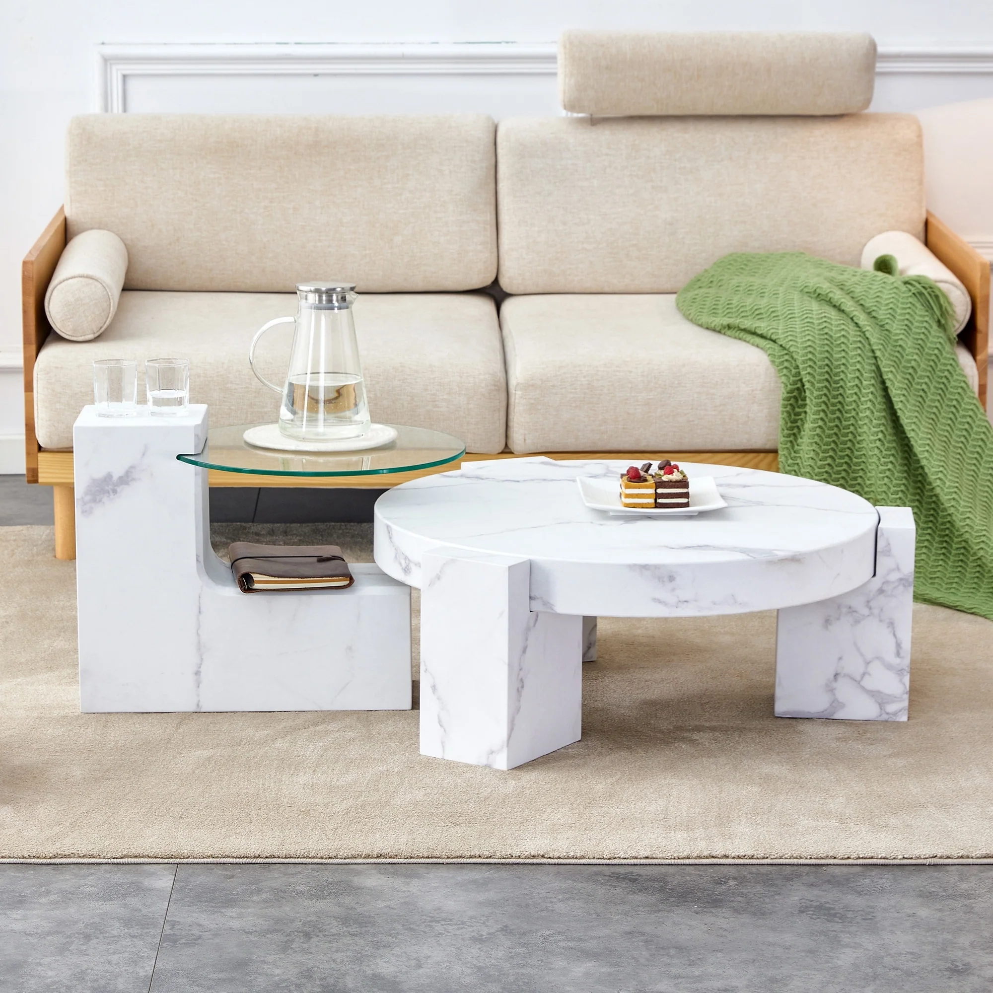 Fashionable Marble Textured MDF Coffee Table with Side Table, Versatile for Living Room and Bedroom