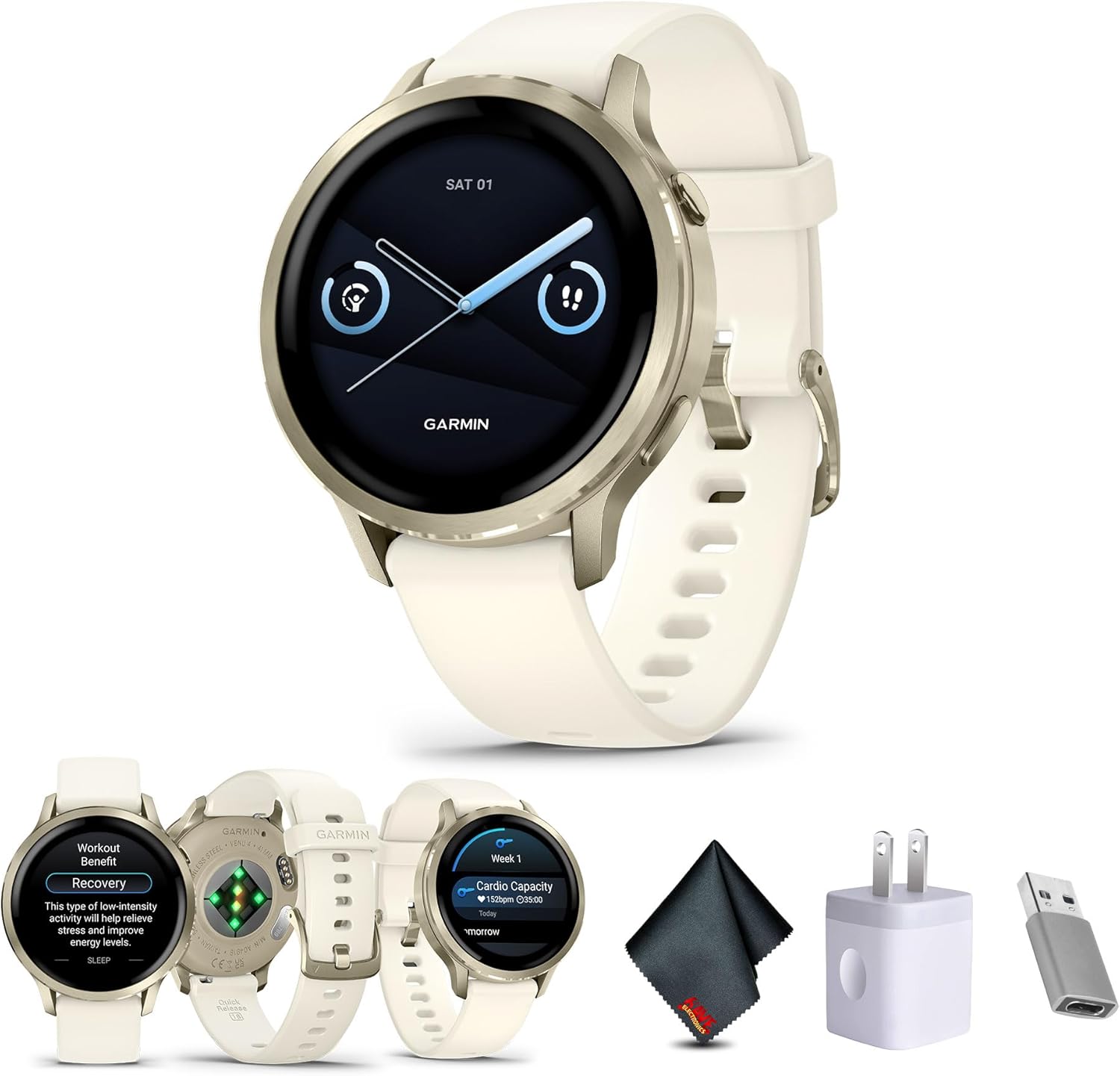 Garmin Venu 4  41mm  Advanced Fitness Tracker GPS Smartwatch  1.2 AMOLED Display  Built-in Flashlight  10 Days of Battery Life  Lunar Gold with Bone Silicone Band (Watch Bundle)