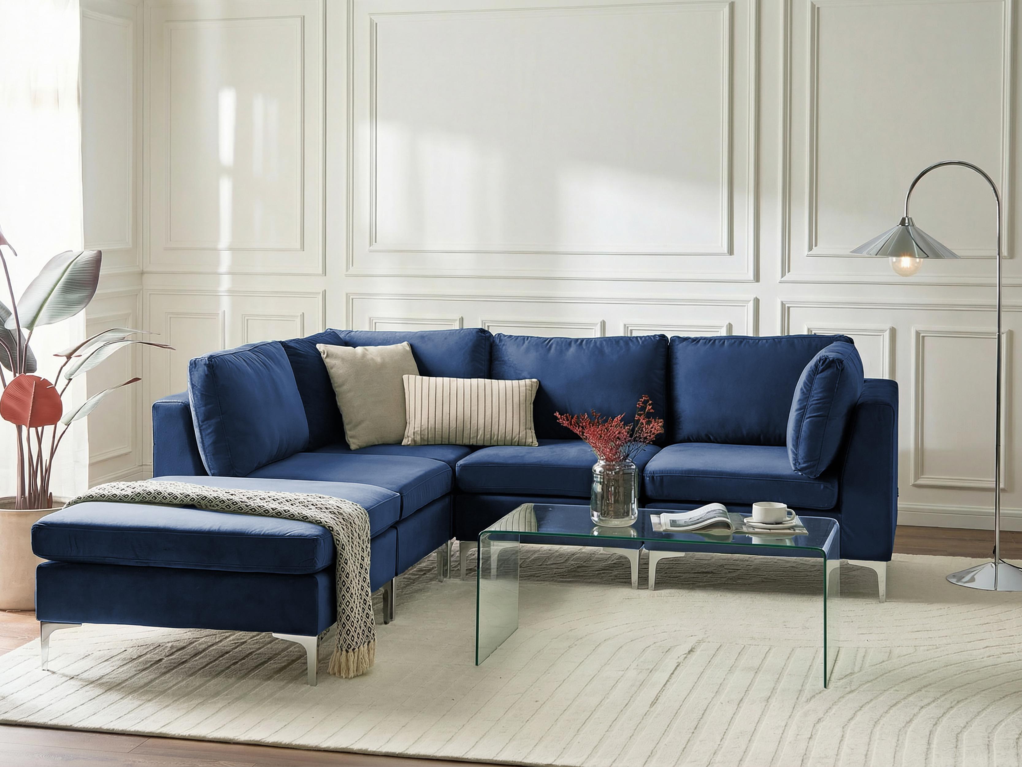 Modular Corner Sofa 4 Seater EVJA Velvet Navy Blue with Ottoman Right Hand