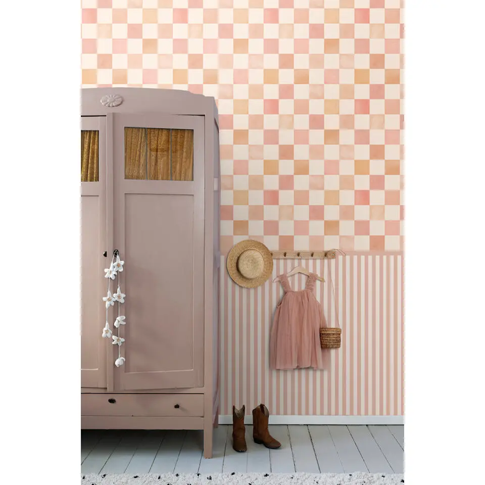 ESTAhome behang geblokt motief beige, oranje en roze - 50 x 900 cm