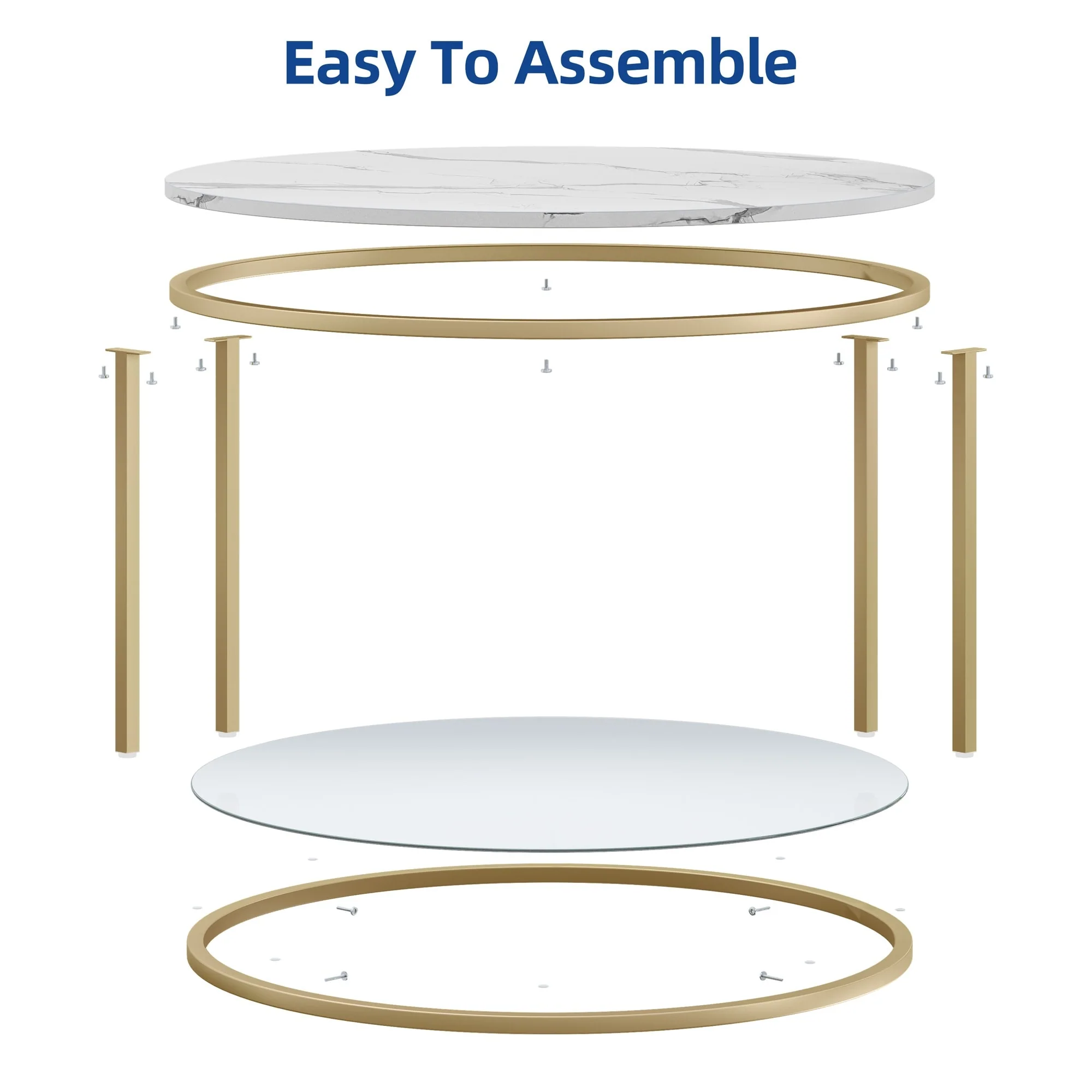 White Marble Pattern Round Coffee Table with Glass 2-Tier Circle Gold Frame