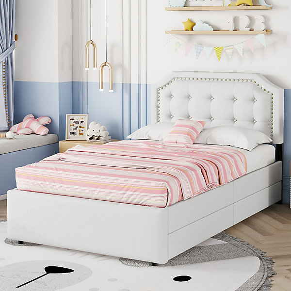Lit avec rangement 90x200 cm simple capitonné avec 2 tiroirs et tête de lit courbée cloutée - revêtement en lin beige foncé