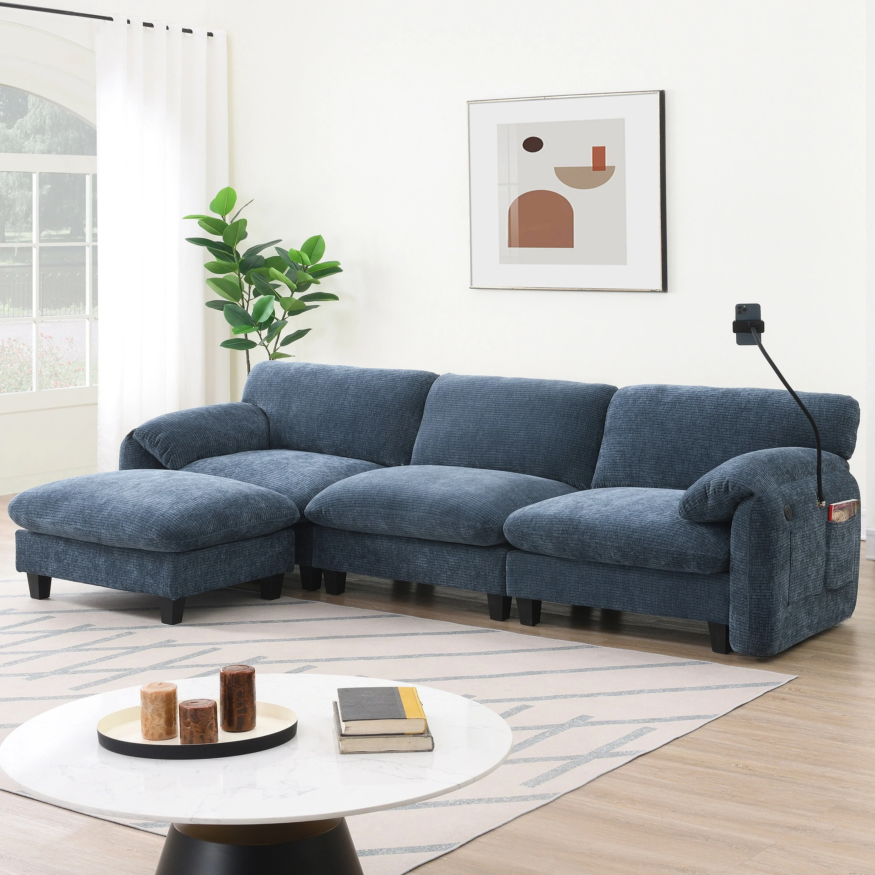 108 Modular U-Shape 4 Seat Sectional Sofa with USB and Type-C Charger, Phone Holder and 2 Side Storage Pockets and Ottoman