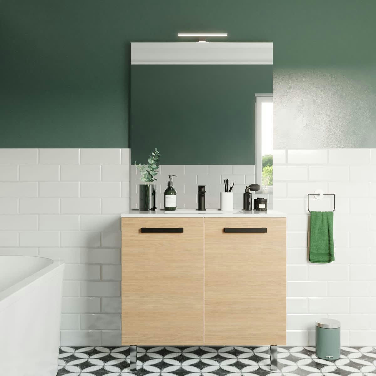 CHELSEA - Meuble salle de bain vasque intégrée 90cm 2 portes Chêne