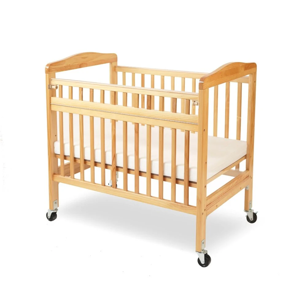 Slatted Wooden Crib with Casters and Safety Gate, Brown and Clear