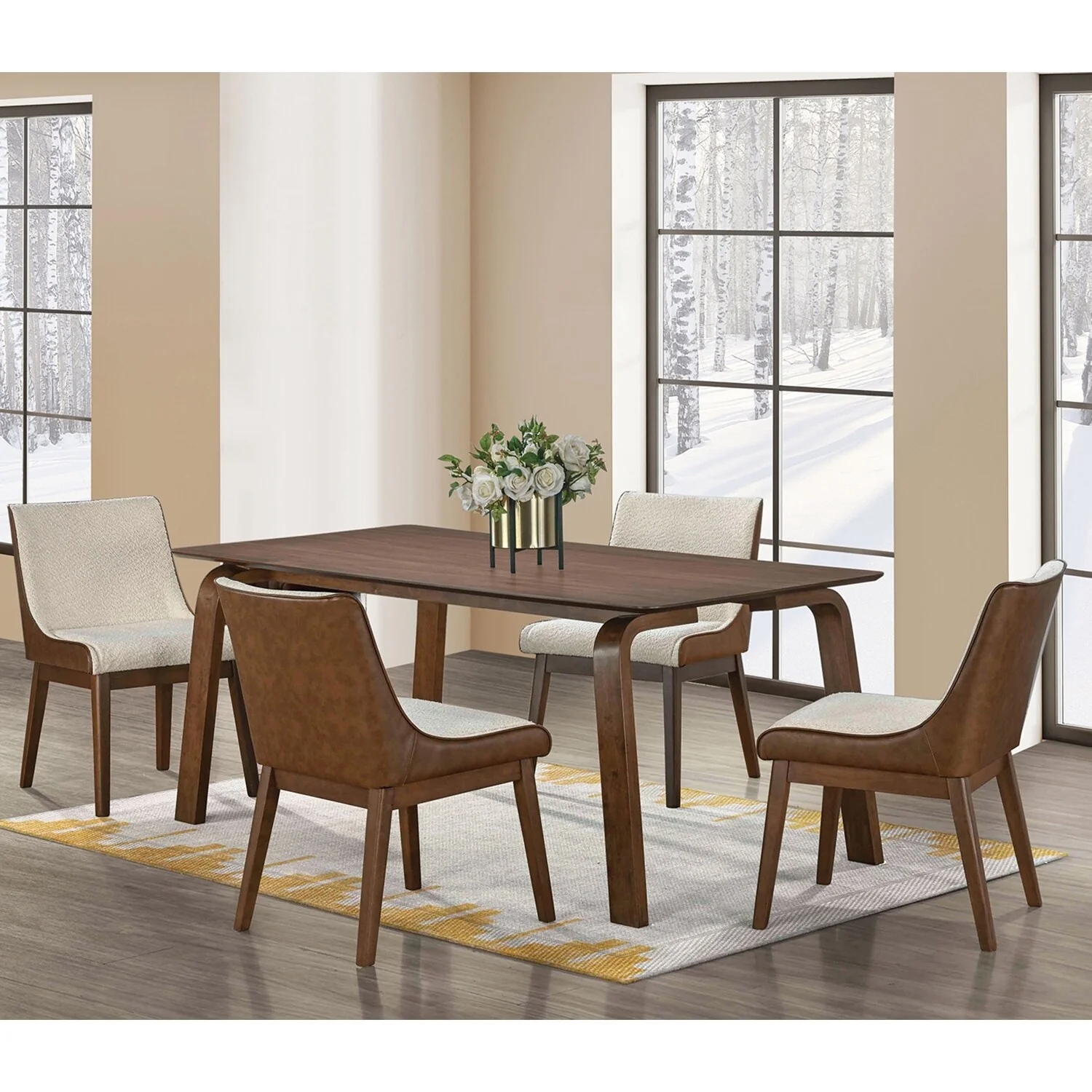 Rectangular Wooden Dining Set with Padded Seats in Walnut and Beige