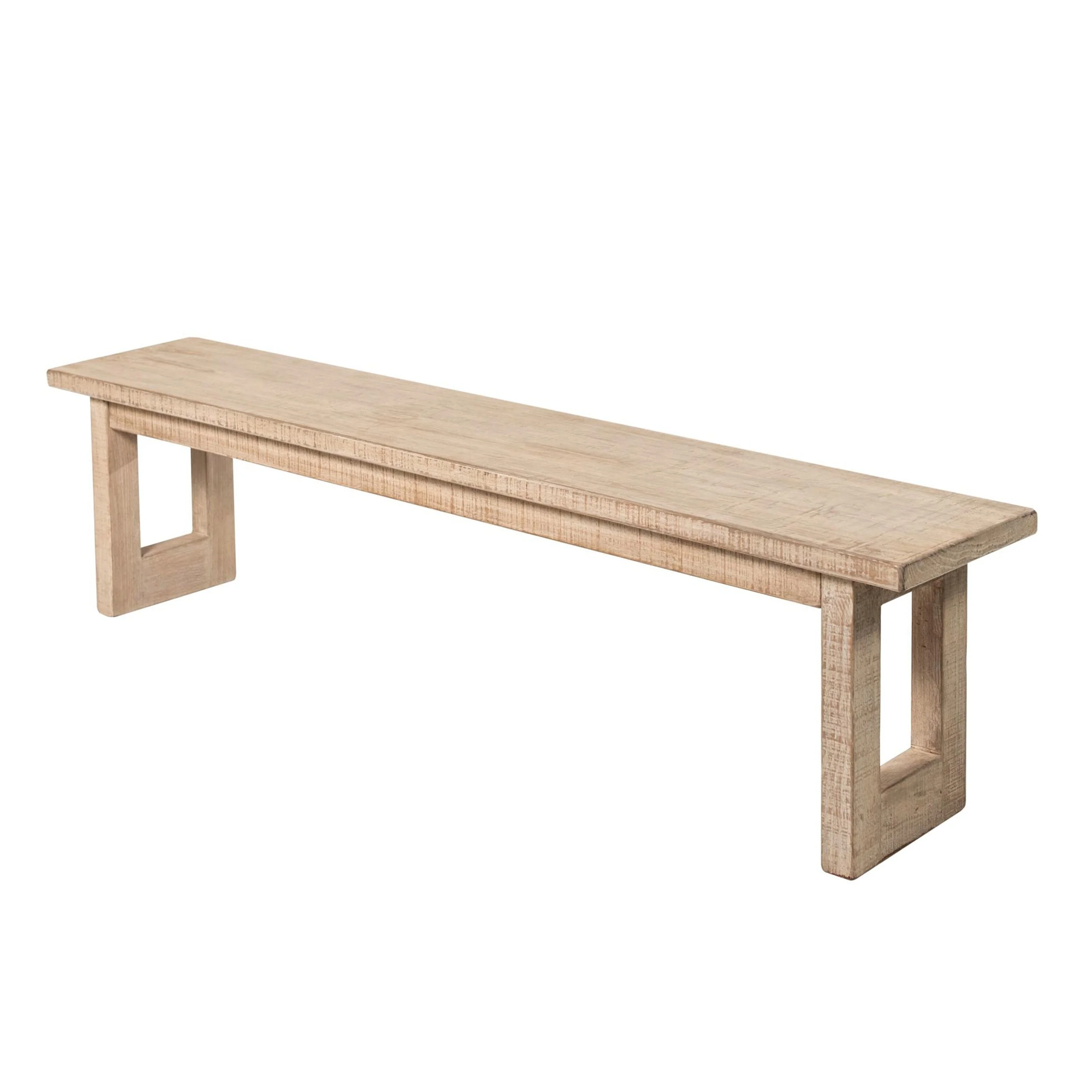 Fini Dining Bench, 64 Inch Pine Wood Frame, Sled Base, Whitewash Brown