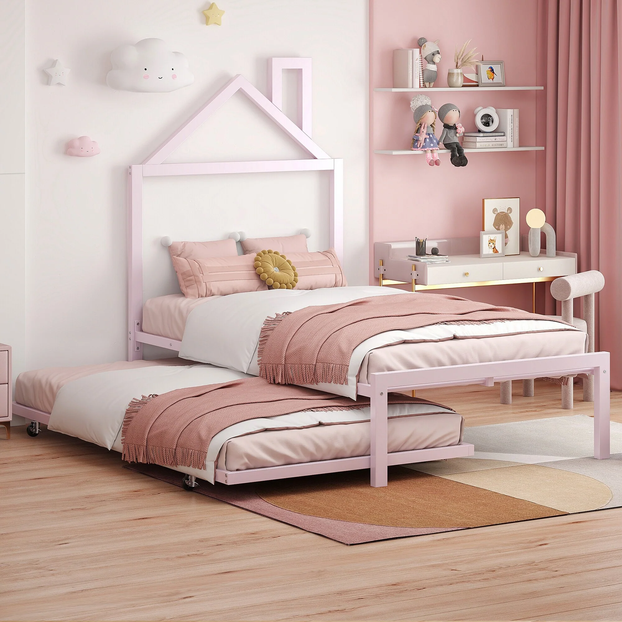 Twin Size Metal House Platform Bed with Trundle, Durable and Space-Saving Design