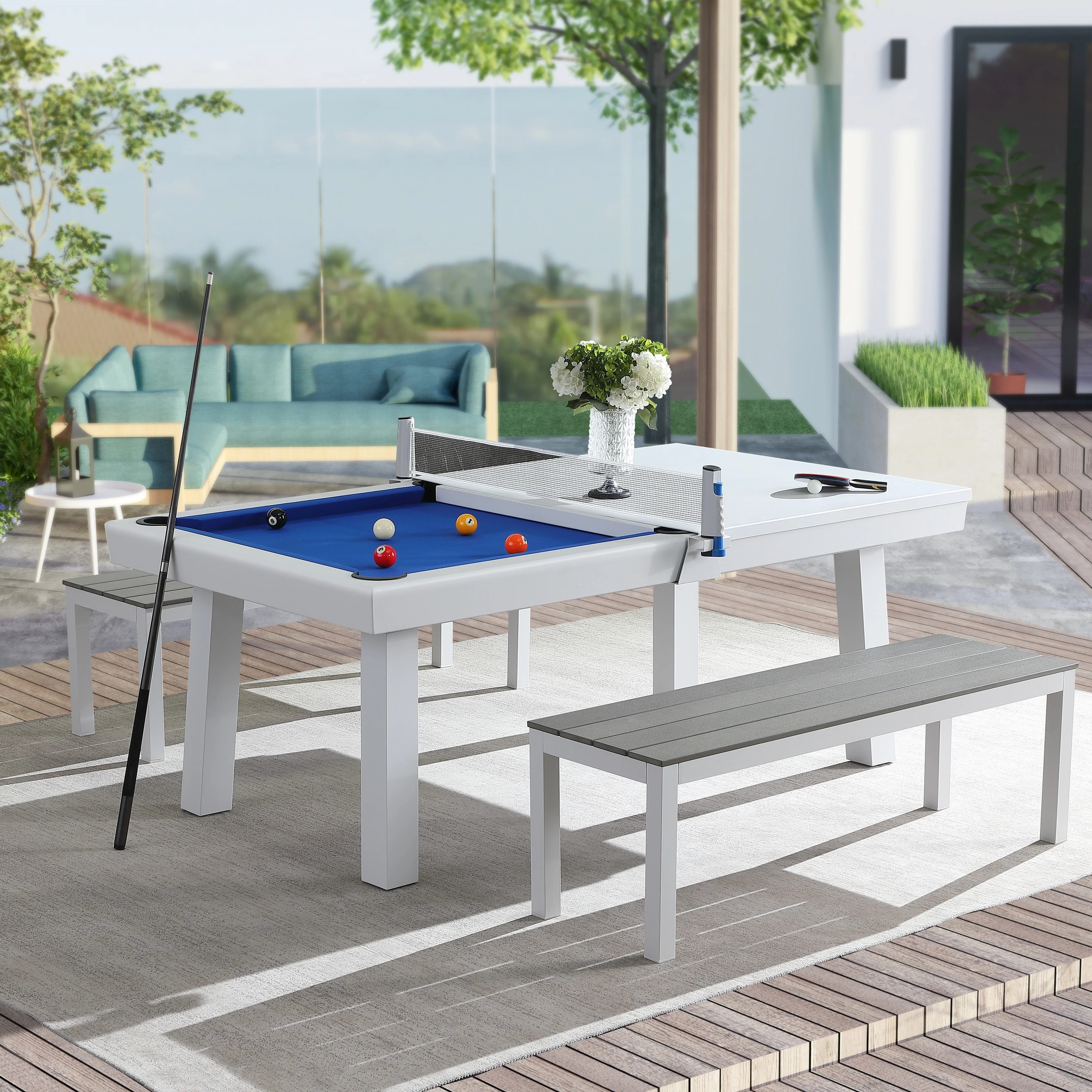 Newport Outdoor Patio 7ft Slate Pool Table Dining Set with 2 Benches & Accessories, White Finish - N/A