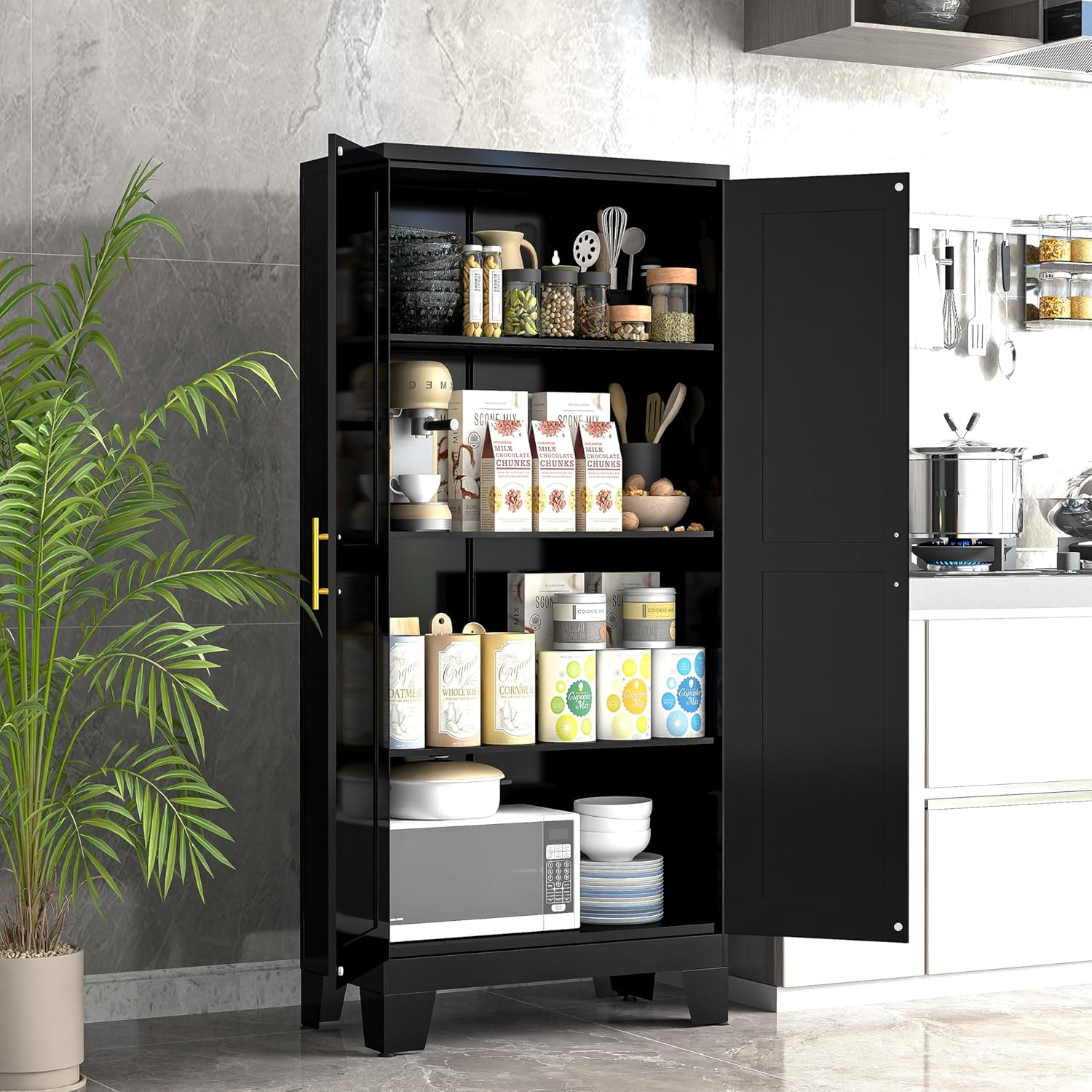 GAIOUS 61.02 Kitchen Pantry Cabinet, Pantry Storage Cabinet with 2 Doors and Adjustable Shelves, Black Food Storage for Kitchen, Living Room, Bedroom and Dining Room (Black) Metal Sideboard