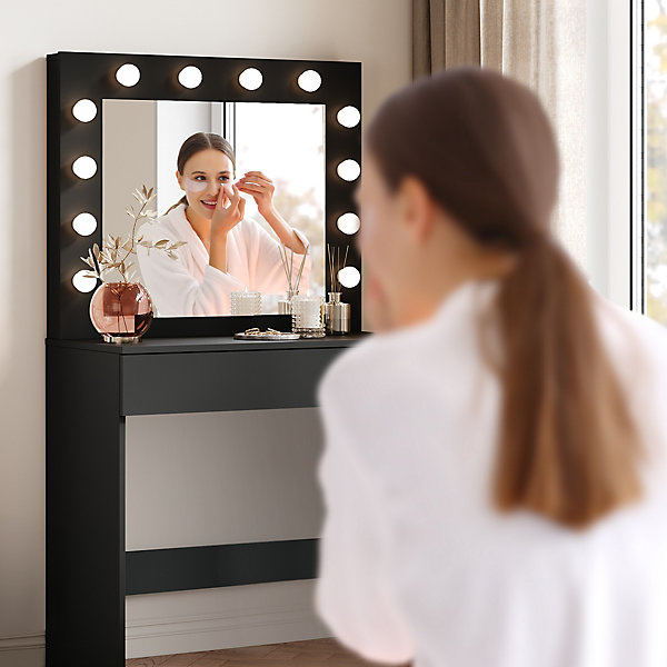 Coiffeuse avec Miroir et Tabouret Noir 80x40x140cmSIRHONA Ensemble de Coiffeuseavec Ampoules LED
