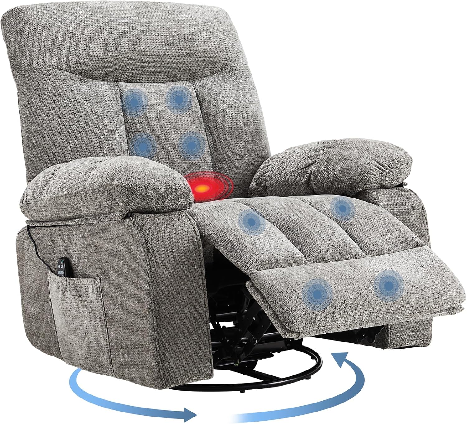 DUMOS Rocker Recliner Chair, Swivel Recliner with Vibration Massage & Lumbar Heating, 270° Rotating Chenille Fabric Recliner with footrest for Living Room & Bedroom, Grey