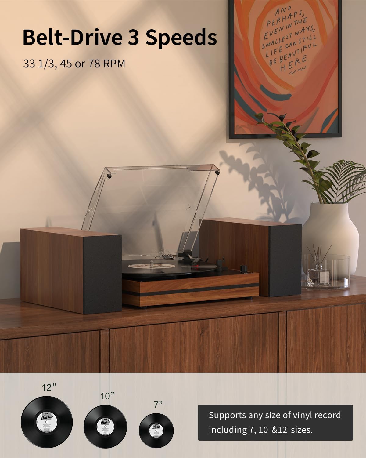 Vintage Record Player with External Speakers Belt-Drive Turntable for Vinyl Records Dual Stereo Speakers LP Players Support 3 Speed 3 Size Wireless Playback AUX Headphone Input Auto Stop Wood Red