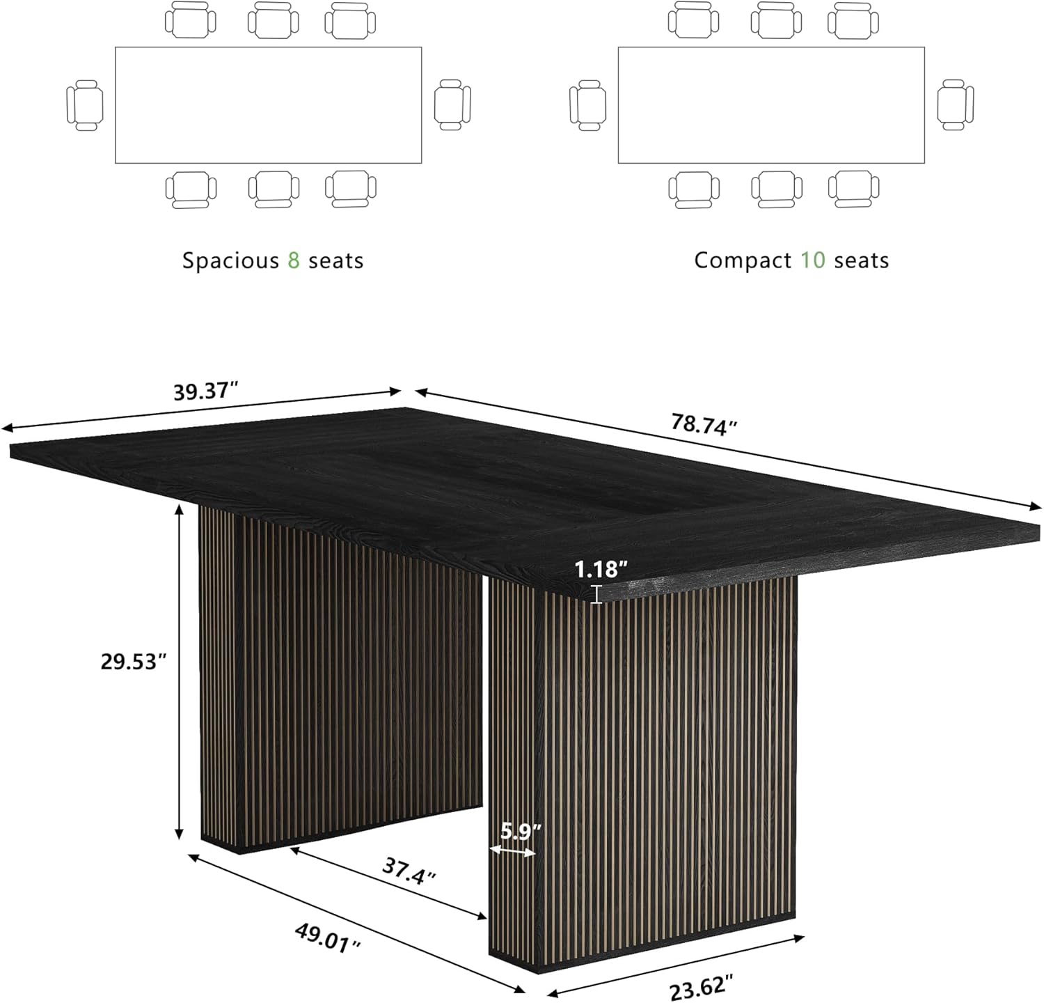 78 Inch Rectangular Dining Table for 6 to 10, Farmhouse Fluted Dining Kitchen Table, Modern Wood Long Dining Table for Kitchen Living Room, Black