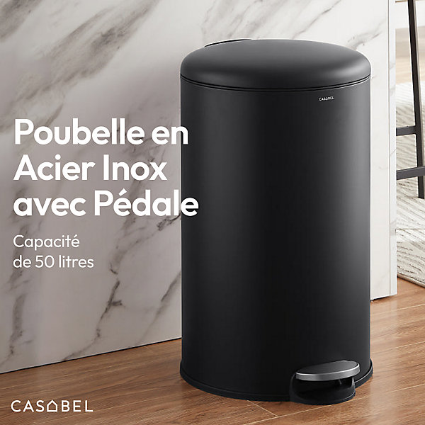 CASABEL Poubelle Cuisine 50L en Acier Inoxydable, Anti-Traces, Poubelle Ronde avec Pédale et Couvercle, Noir